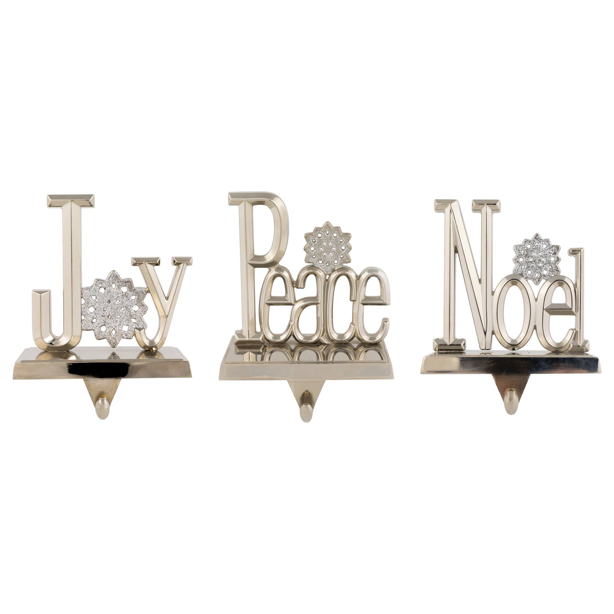 Peace  Joy and Noel Metal Christmas Stocking Holders - 6.5" - Set of 3