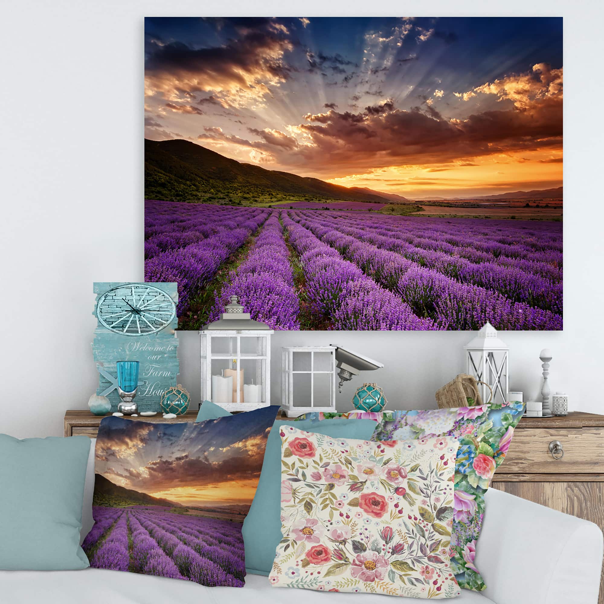 Designart - Sunrise & Dramatic Clouds Over Lavender Field X - Farmhouse Canvas Wall Art Print
