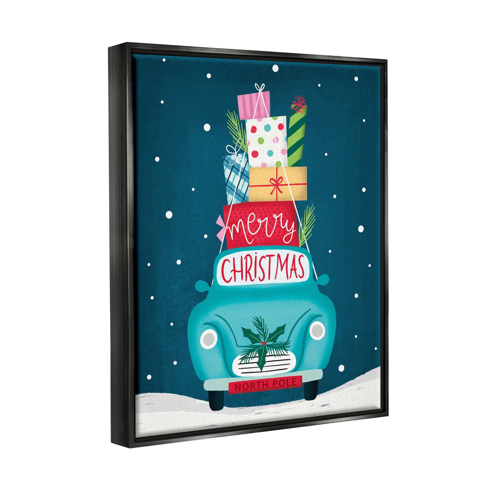 Stupell Industries Merry Christmas Stacked Gifts Car Framed Floater Canvas Wall Art