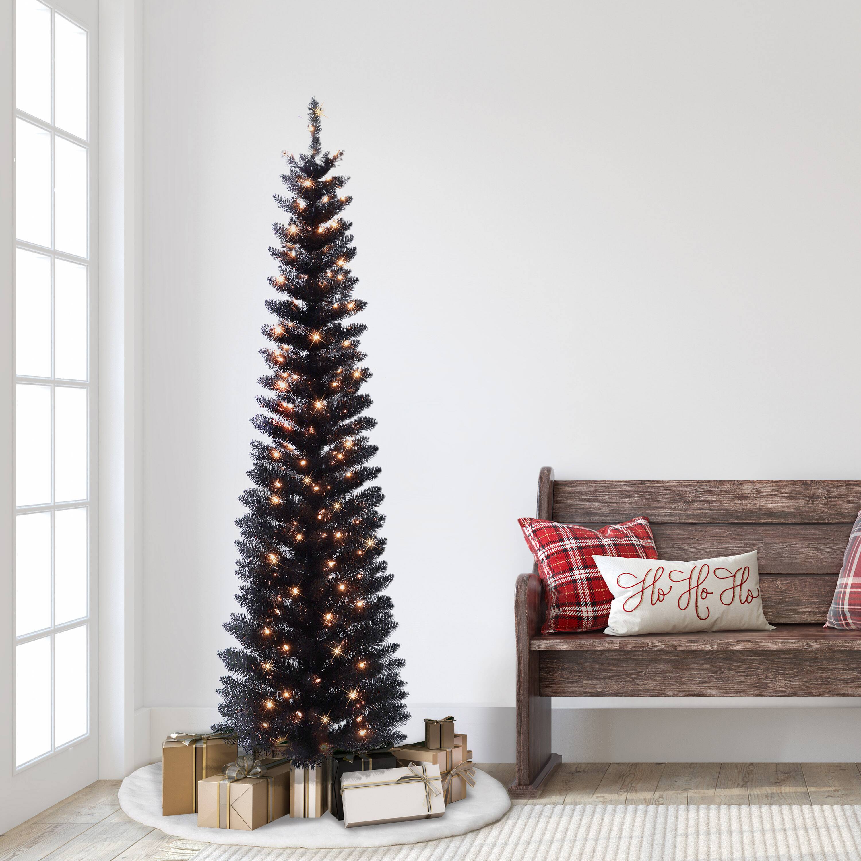 6ft. Pre-Lit Black Tinsel Artificial Tree, Clear Lights
