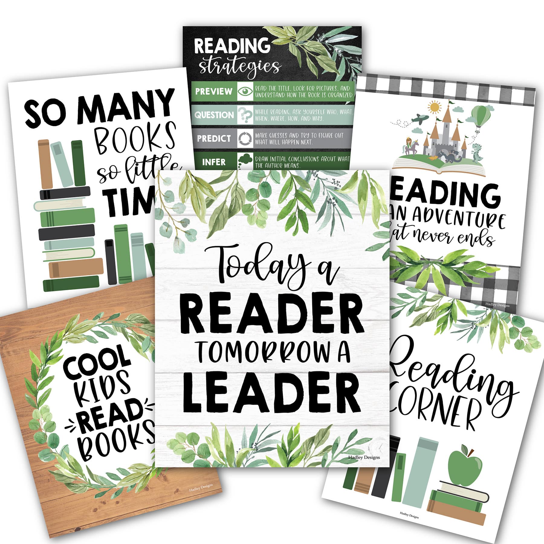 Hadley Designs 11" x 14" Farmhouse Greenery Reading Posters for Classroom Library Décor Set