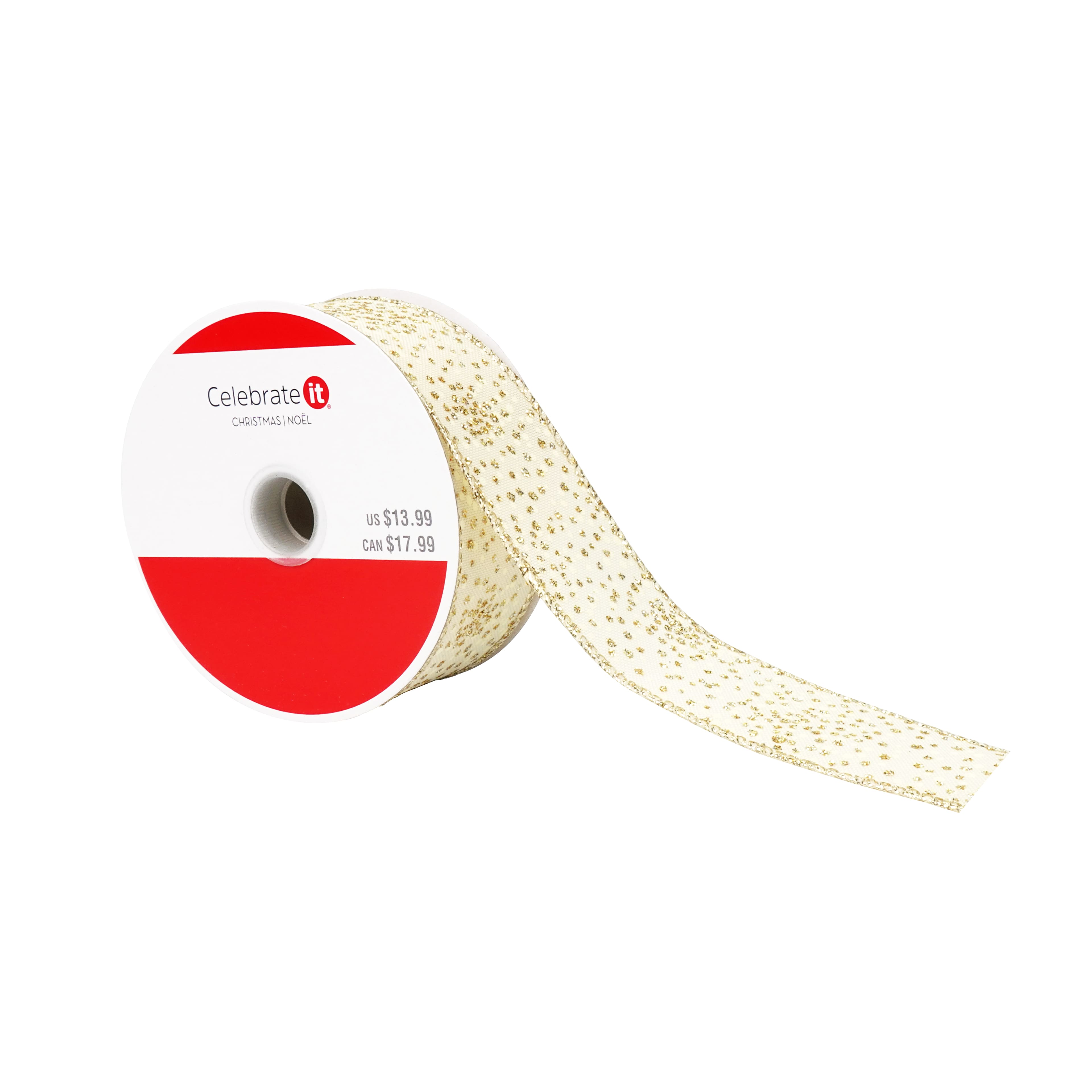 1.5" x 10yd. Cream & Gold Glitter Dots Wired Faux Linen Ribbon by Celebrate It®