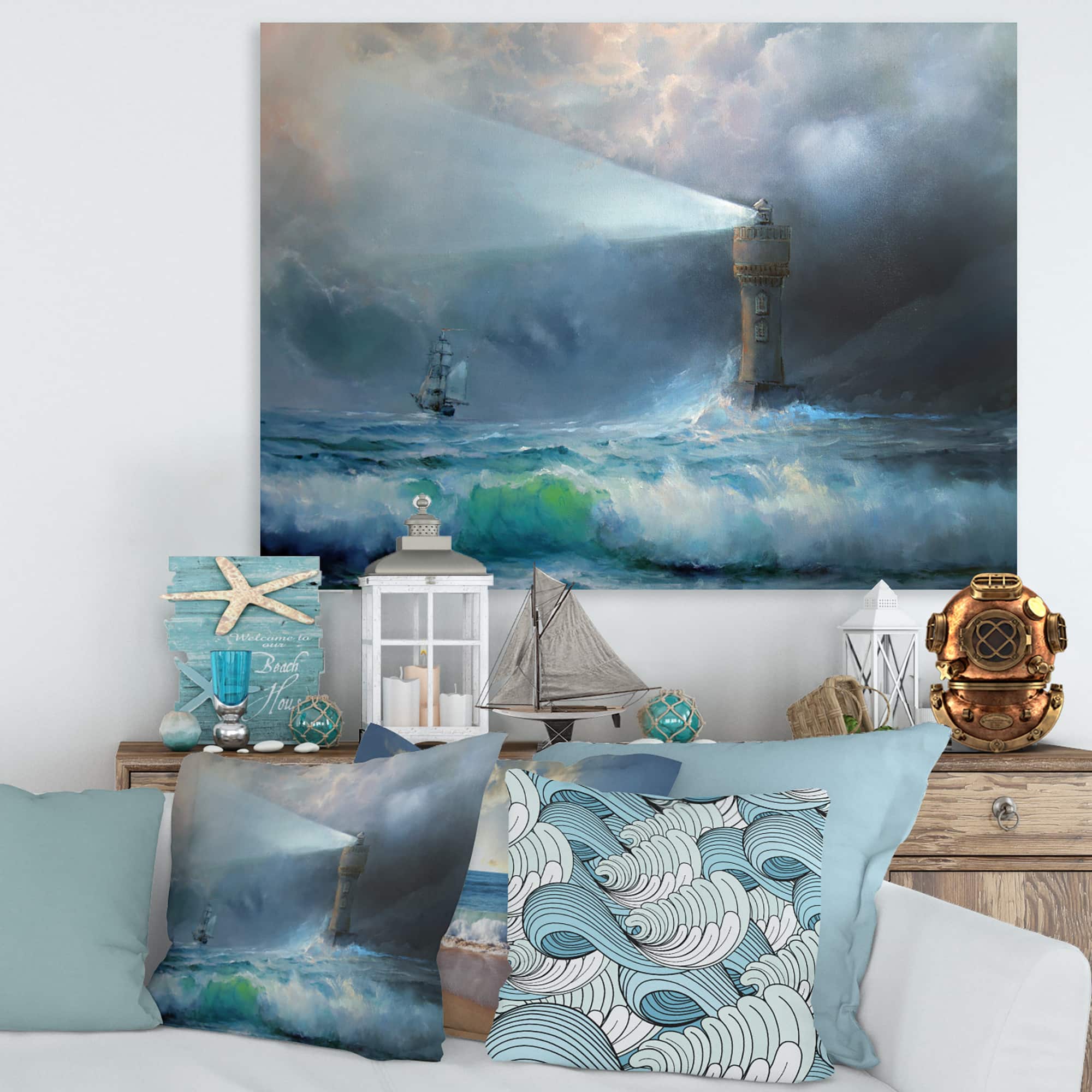 Designart - Lighthouse Shining Light During Stormy Night II - Nautical & Coastal Canvas Wall Art Print