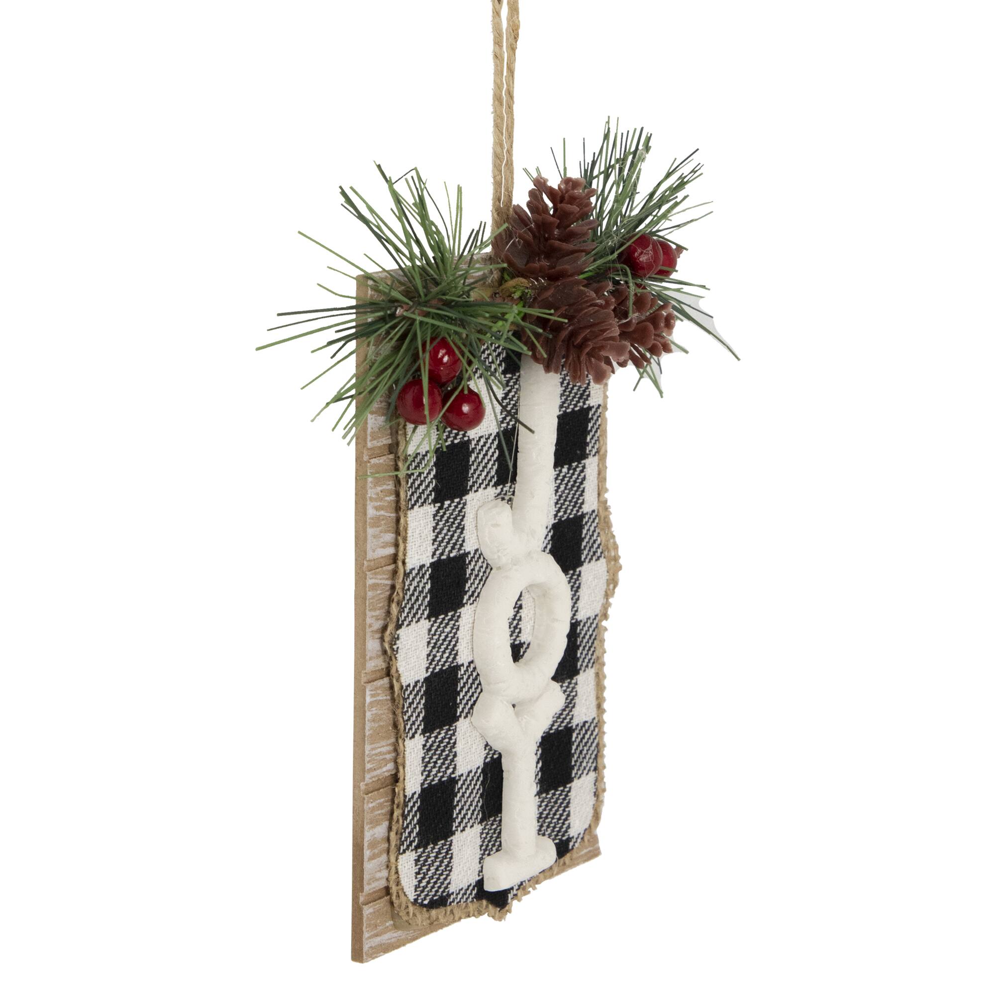 4.75" Black and White Buffalo Plaid Joy Pinecone Christmas Sign Ornament