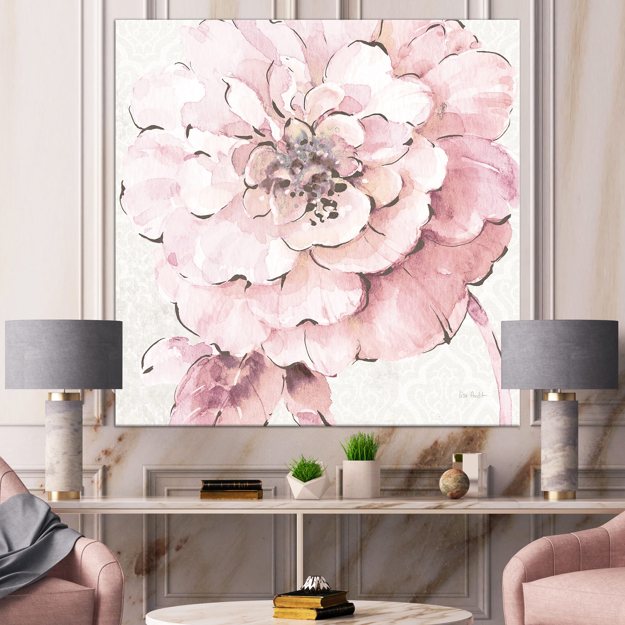 Designart - Indigold Shabby Peonies Pink - Farmhouse Gallery-wrapped Canvas