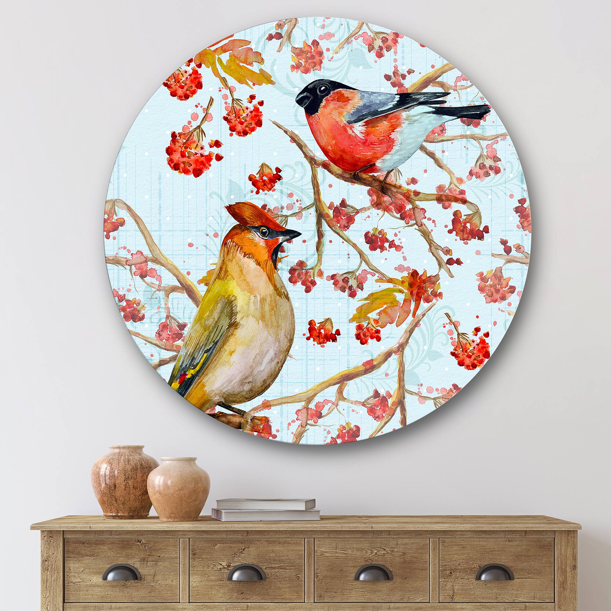Designart - Two Birds On Branches During Autumn - Traditional Metal Circle Wall Art