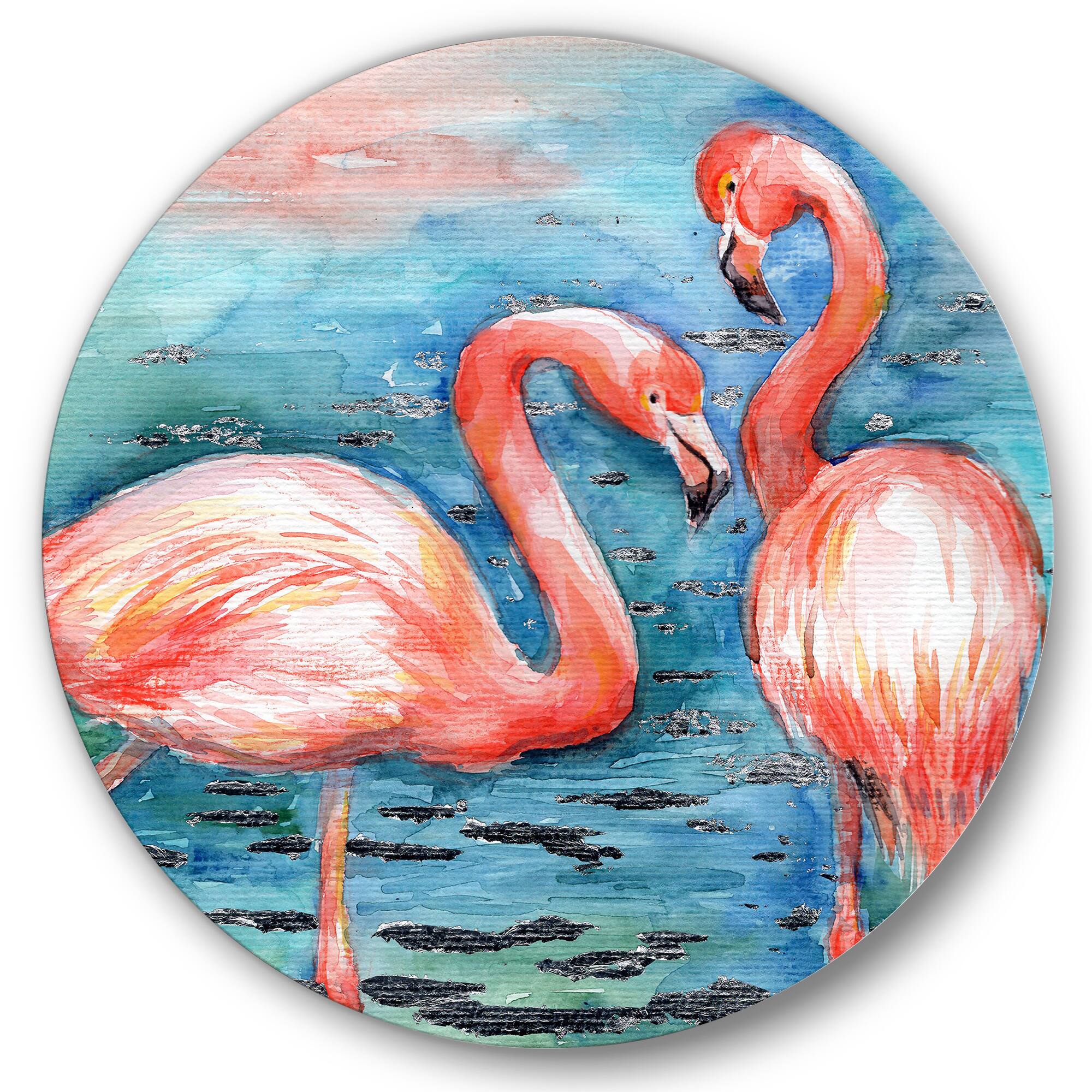 Designart - Pink Flamingos In Blue Water I - Farmhouse Metal Circle Wall Art