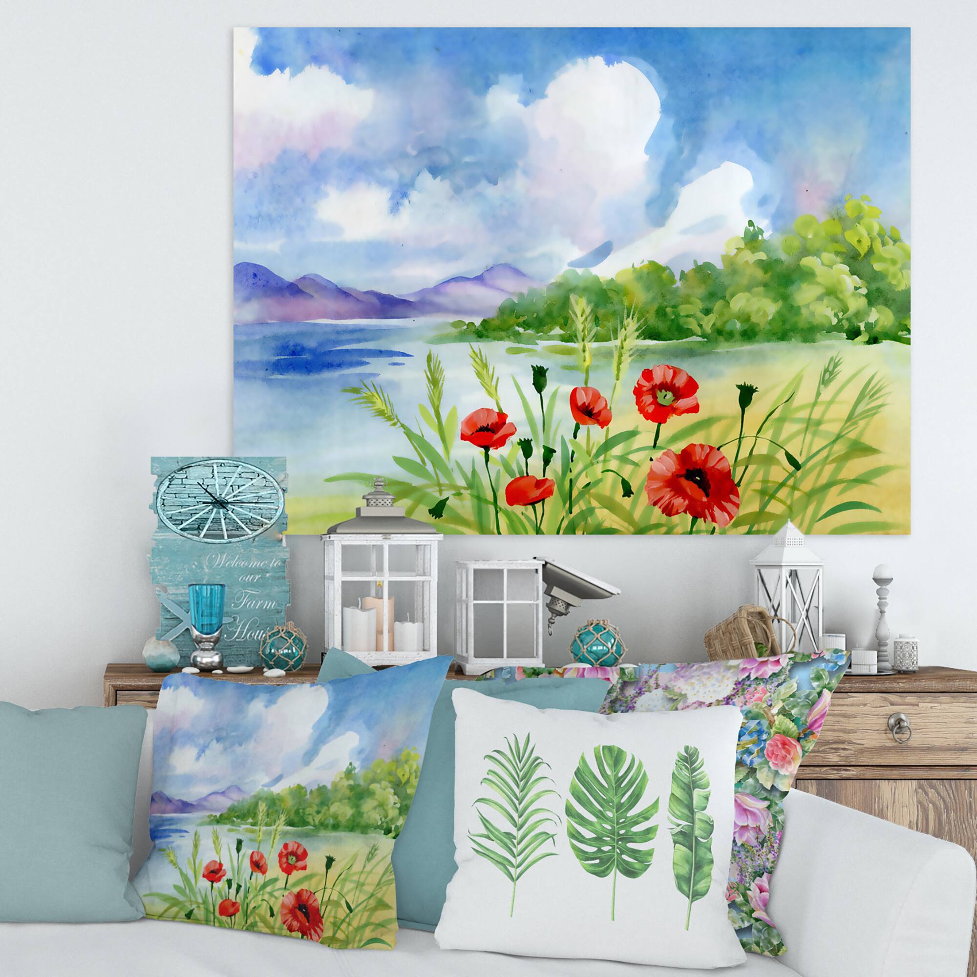 Designart - Red Tulips On The Bank Near A Mountain River - Lake House Canvas Wall Art Print