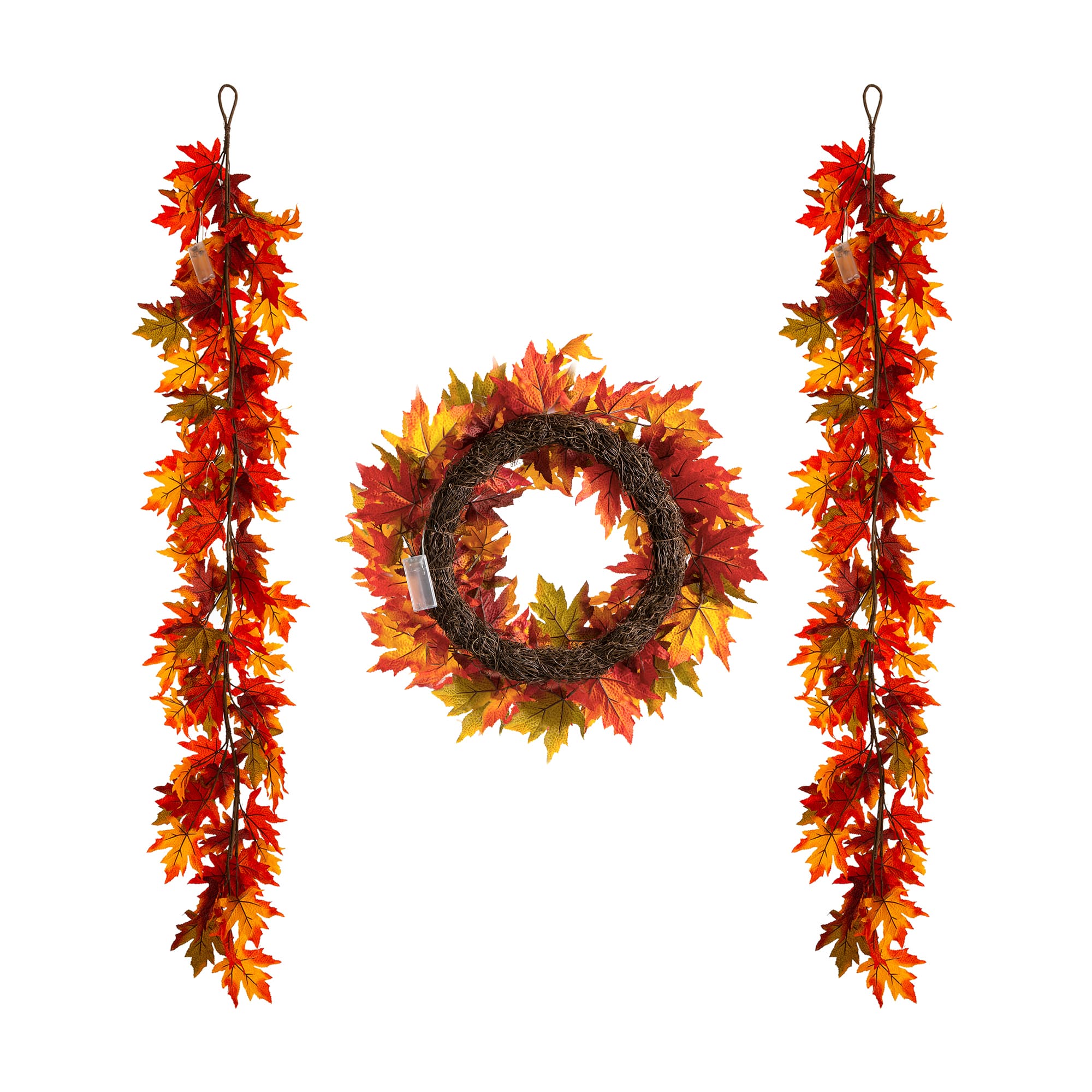 Glitzhome® Lighted Fall Maple Leaves Garland & Wreath Set