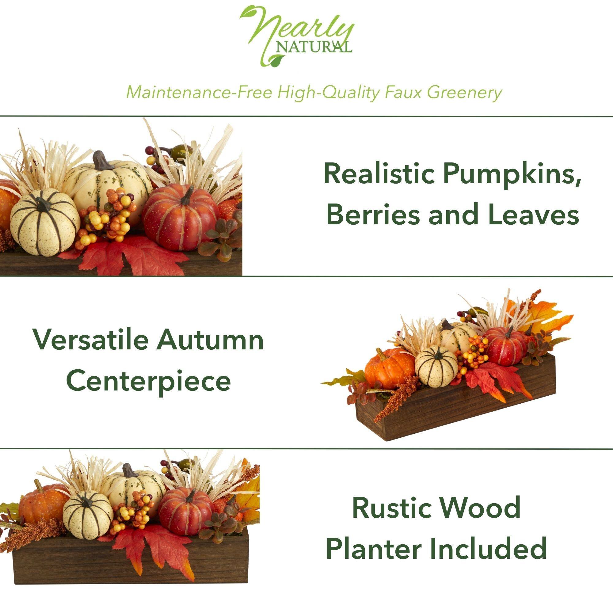 16" Harvest Pumpkin & Berries Arrangement in Wood Container