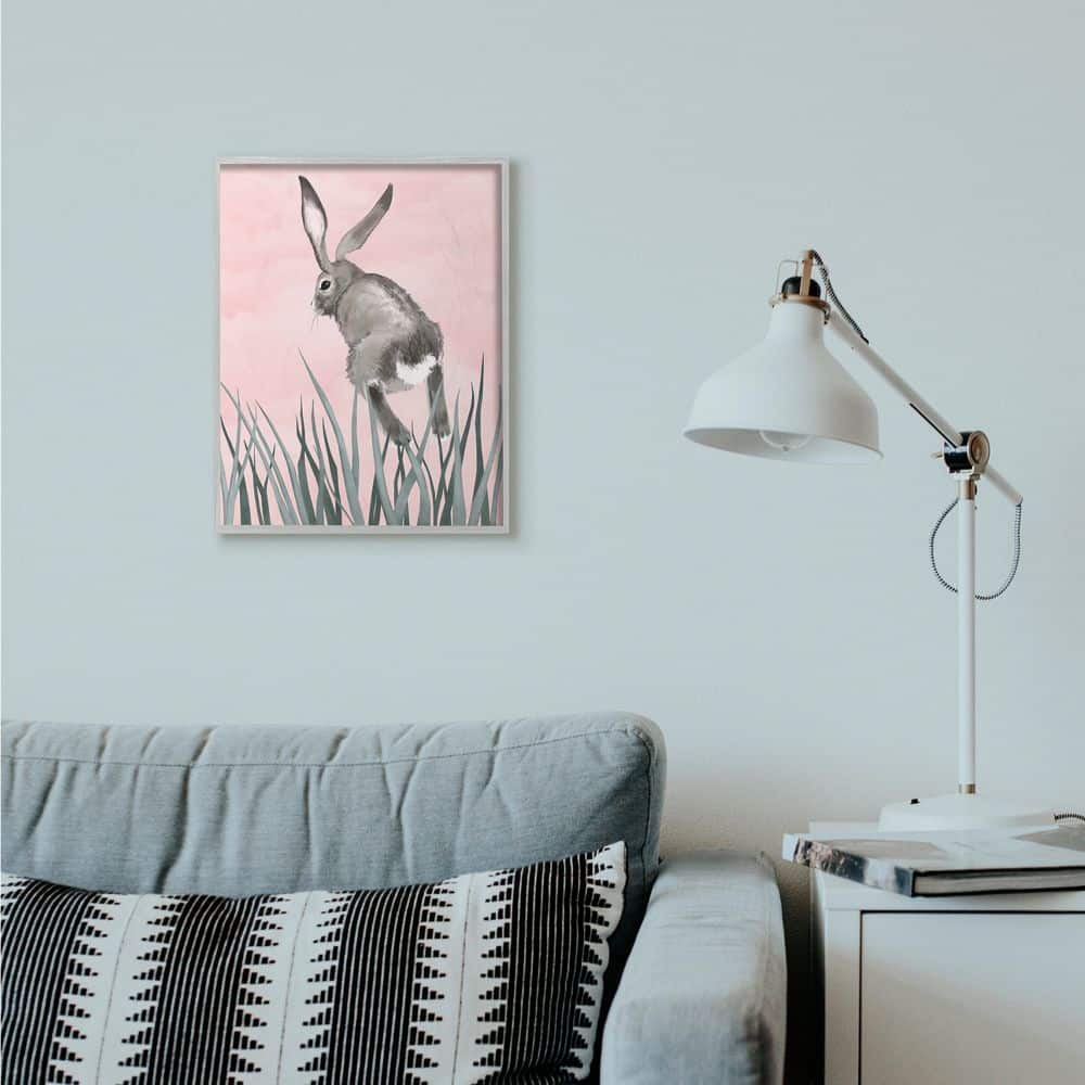 Stupell Industries Bunny Rabbit Jump Grass Wall Art in Gray Frame