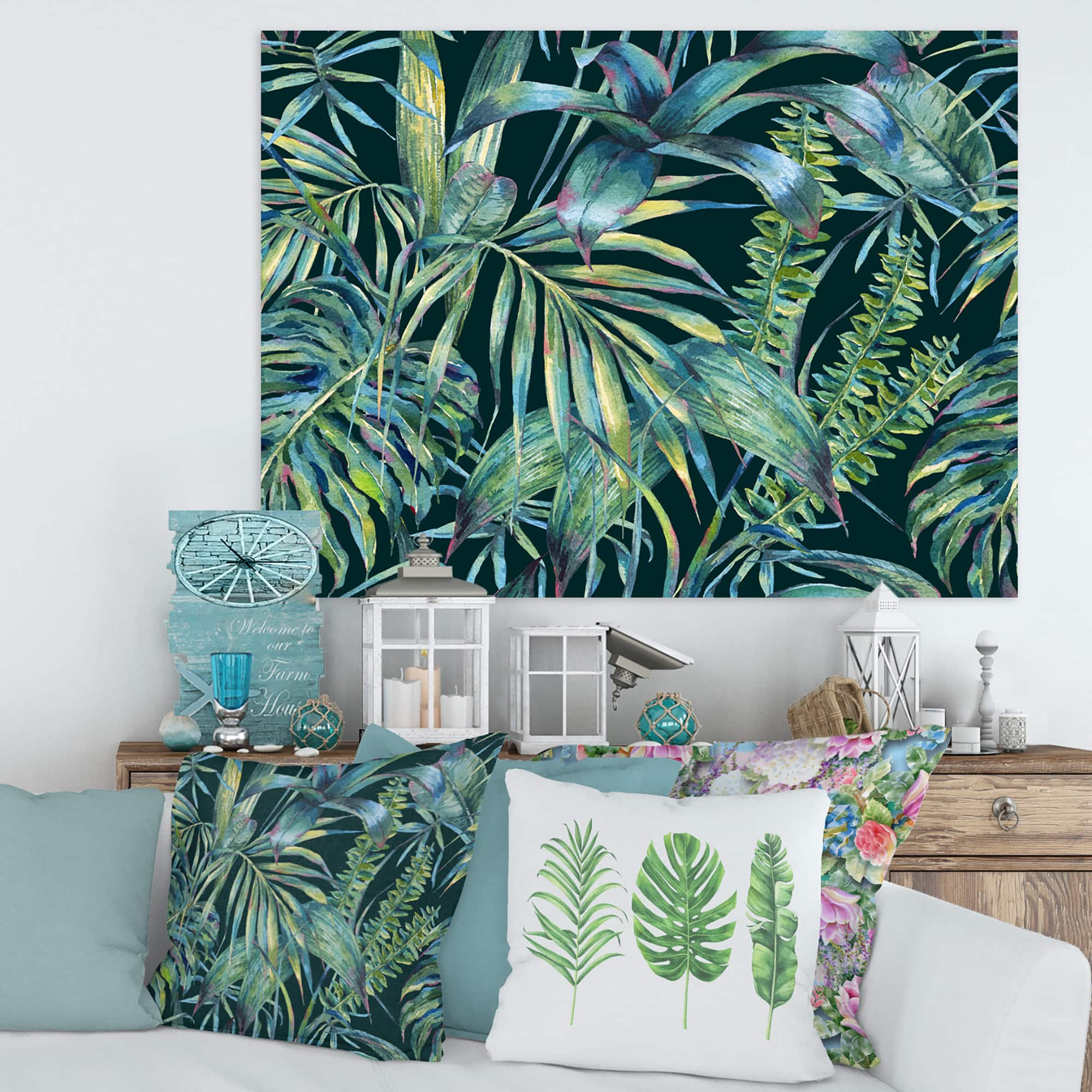 Designart - Natural Leaves Exotic On Dark I - Tropical Canvas Wall Art Print