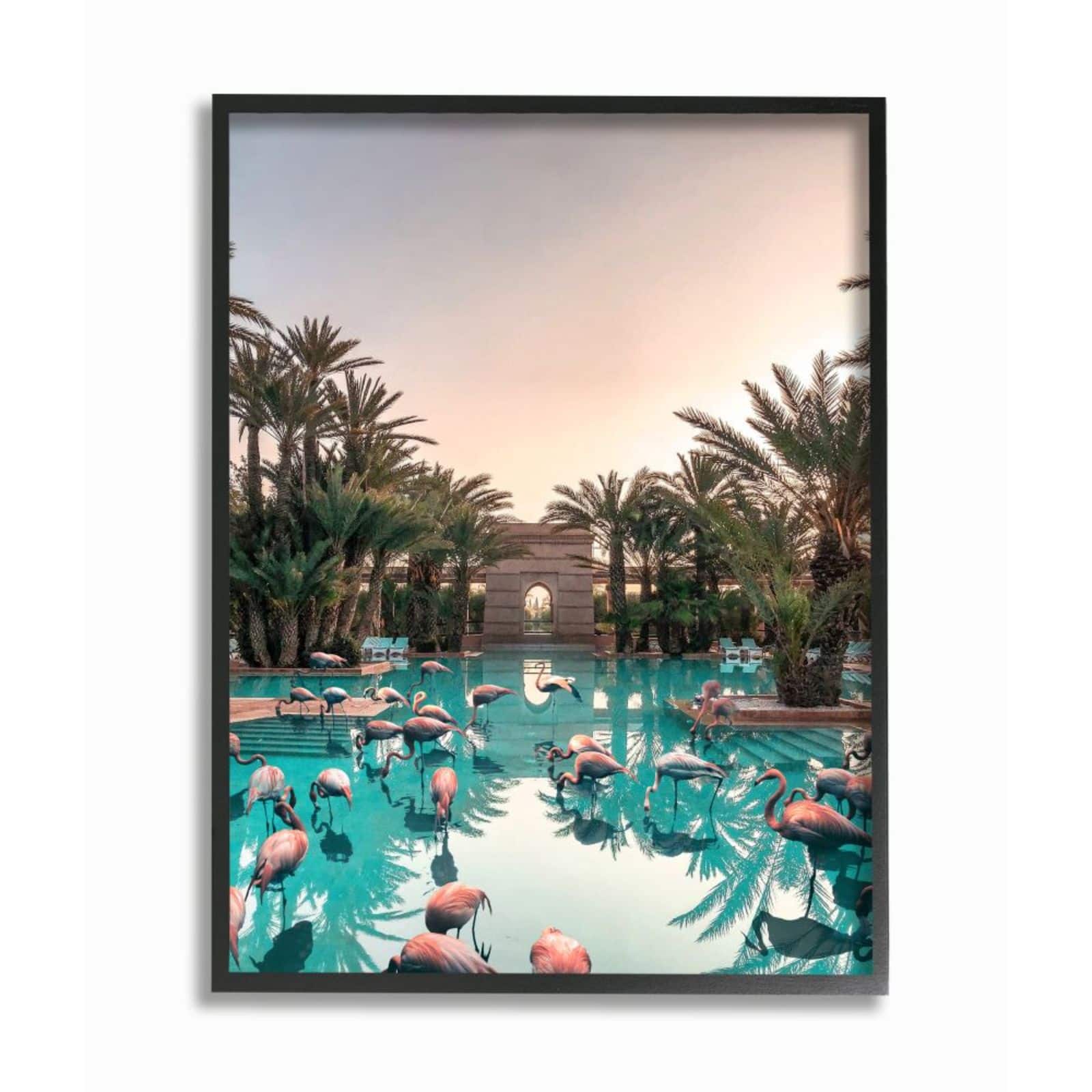 Stupell Industries Tropical Pink Flamingo Pool Relaxed Reflection Palm Trees Framed Wall Art