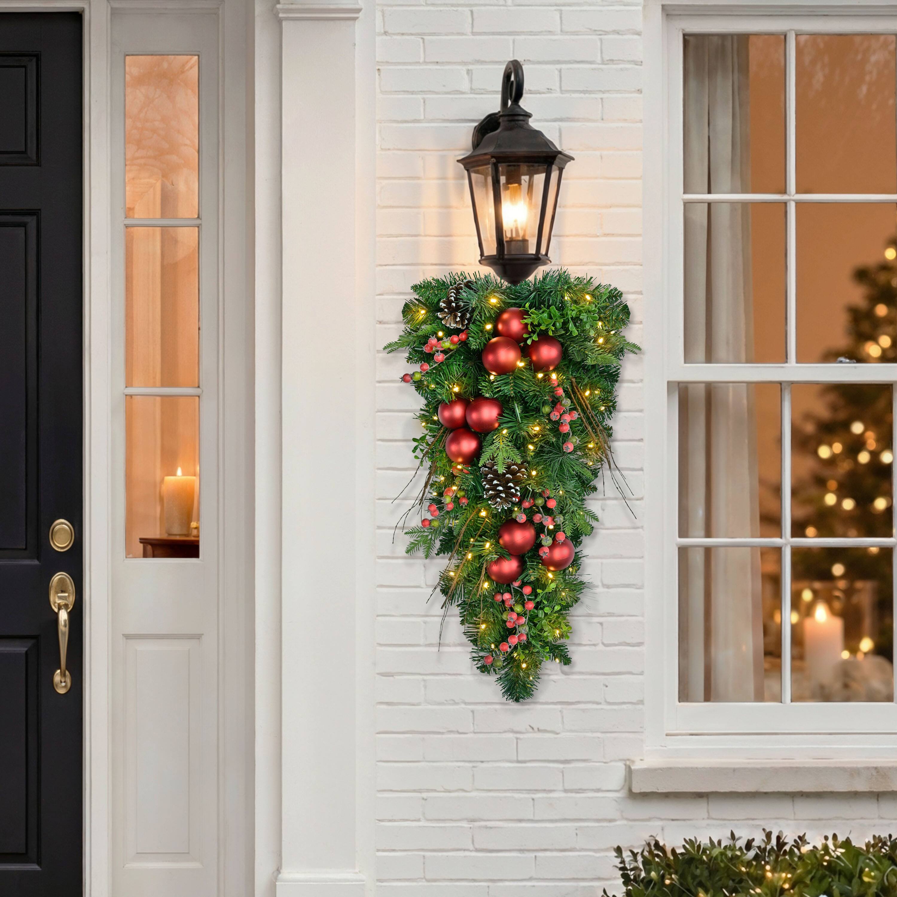 Puleo International 28" Pre-Lit Ornaments, Pinecones & Red Berries Artificial Teardrop Swag