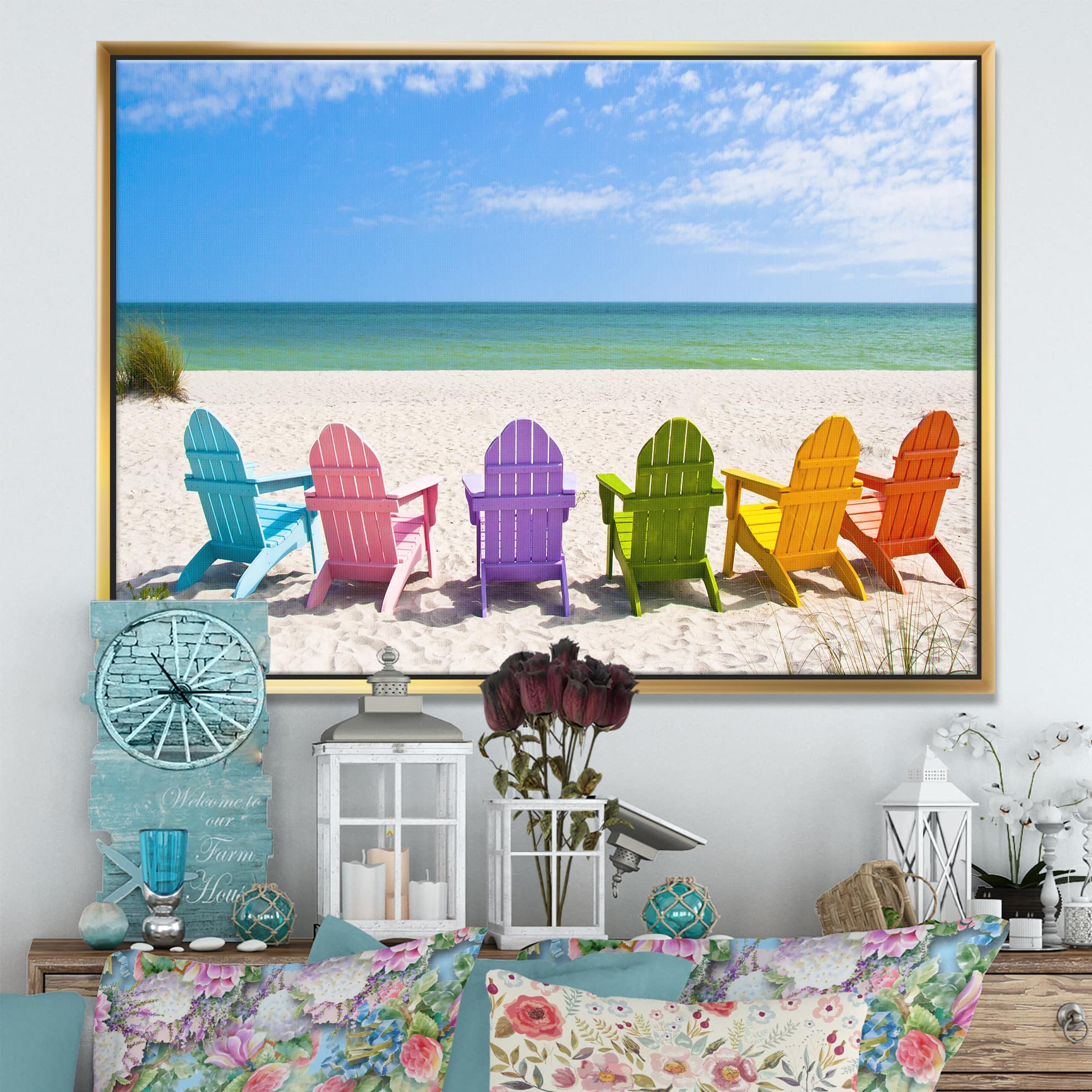 Designart - Adirondack Beach Chairs - Seashore Photo Framed Canvas Art Print