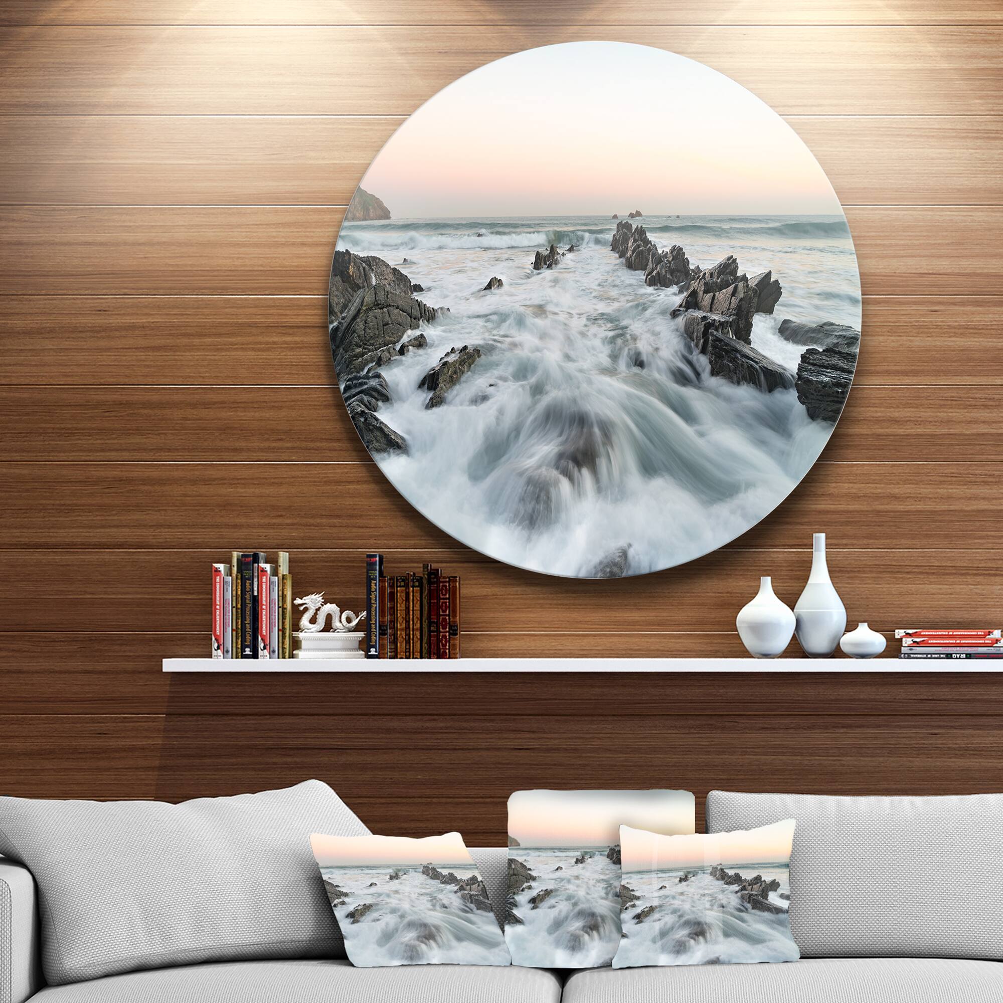 Designart - Waves Hitting Beach at Sunrise Atlantic' Seashore Metal Circle Wall Art