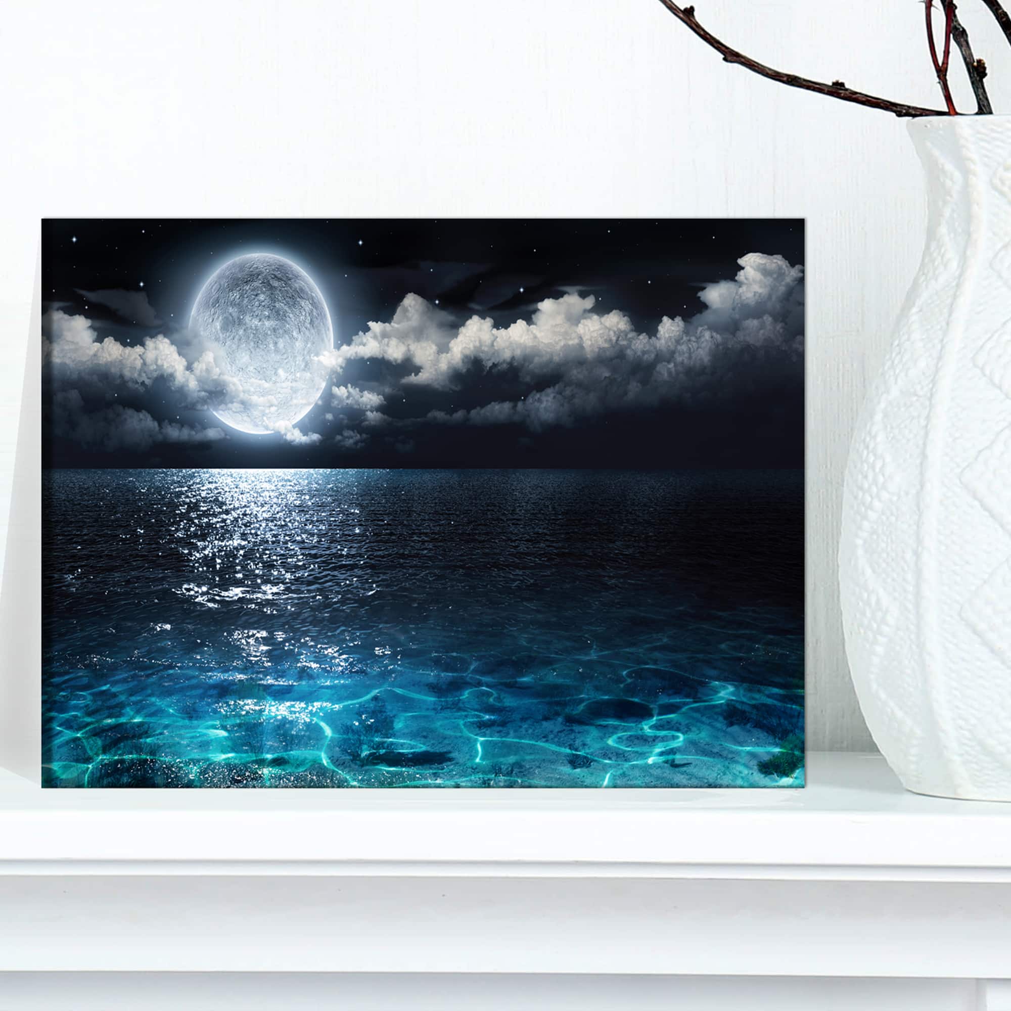Designart - Romantic Full Moon Over Sea - Seascape Canvas Art Print