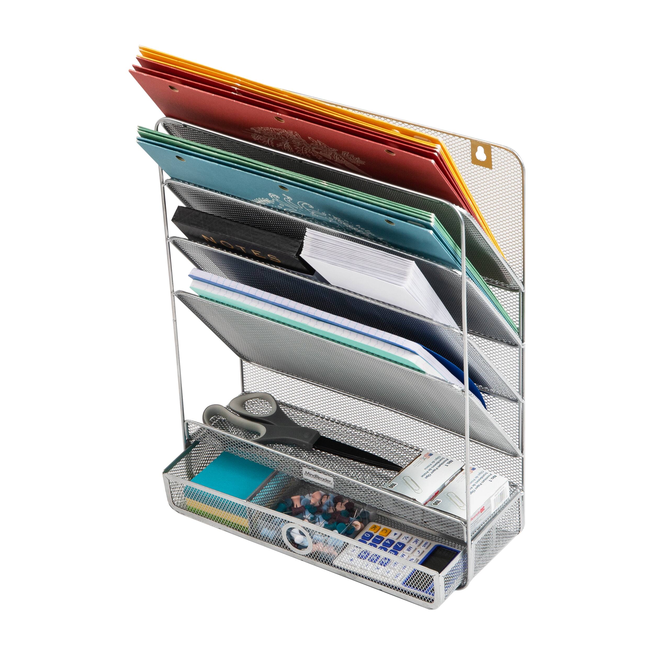 Mind Reader 4-Tier Vertical File Storage, Desktop Organizer, Wall Mount, Office, Metal Mesh, 12.5"L x 4"W x 16.5"H, Silver