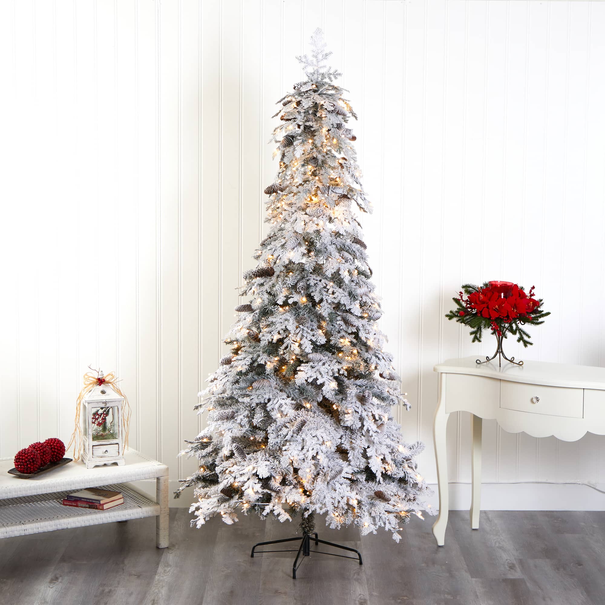 8ft. Pre-Lit Flocked Montana Down Swept Spruce & Pinecones Artificial Christmas Tree with Clear LED Lights