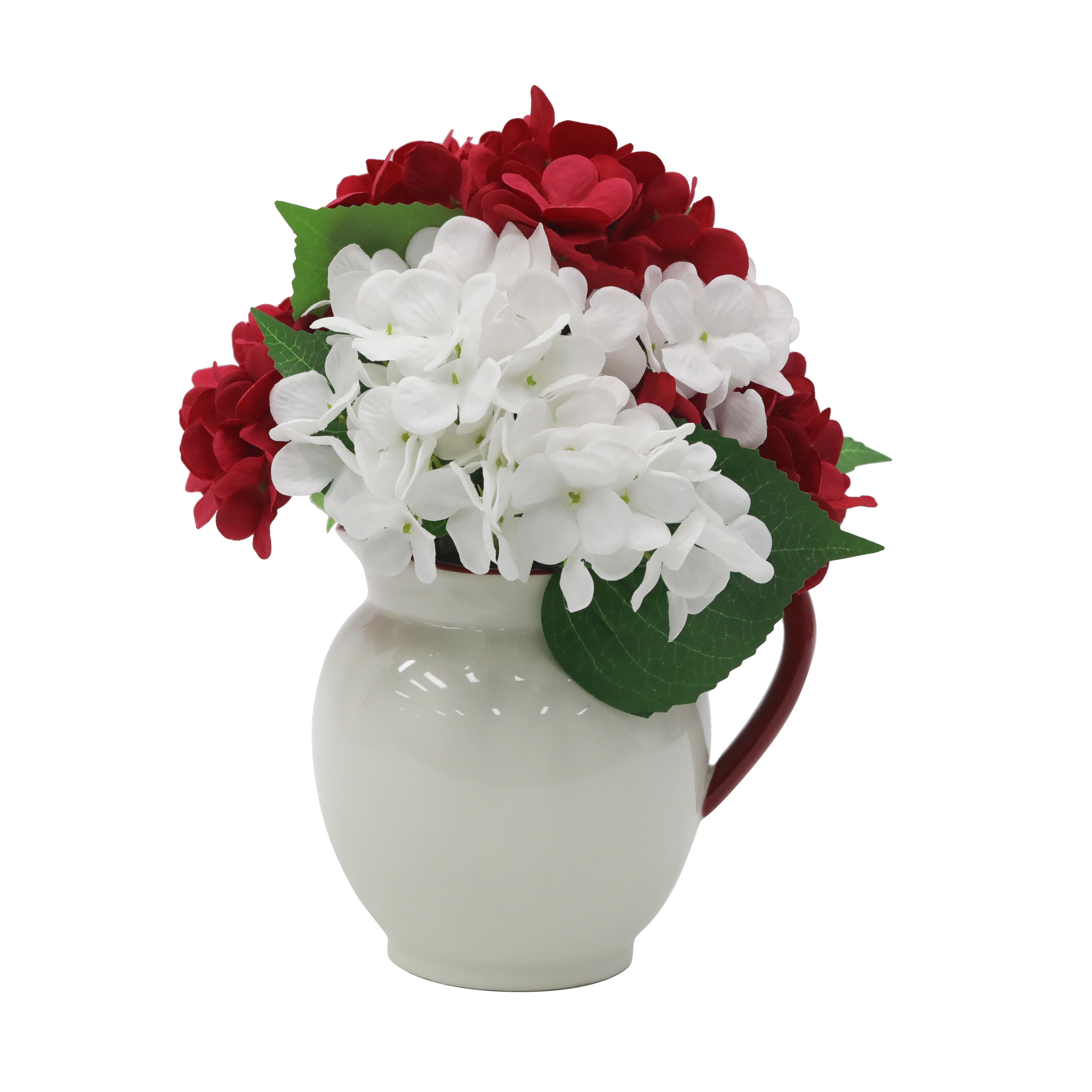 12" Red & White Hydrangea Arrangement in a Ceramic Pitcher Vase by Celebrate It™