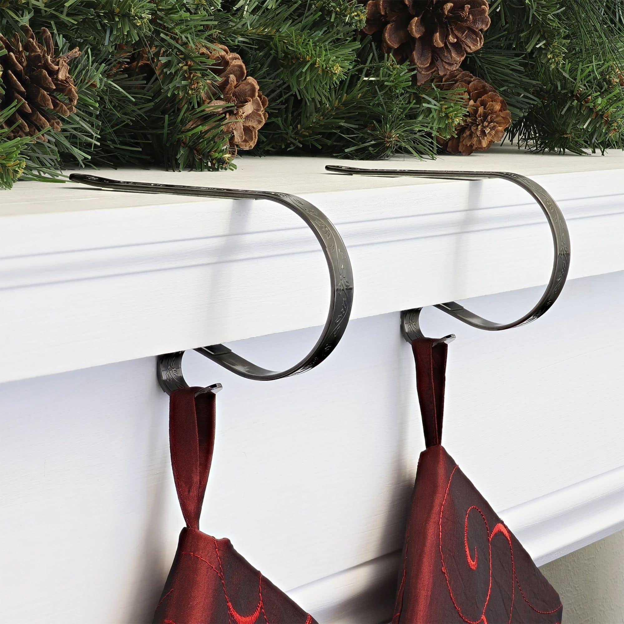 Original MantleClip® Holly Embossed Antique Brass Stocking Holders, 2ct.
