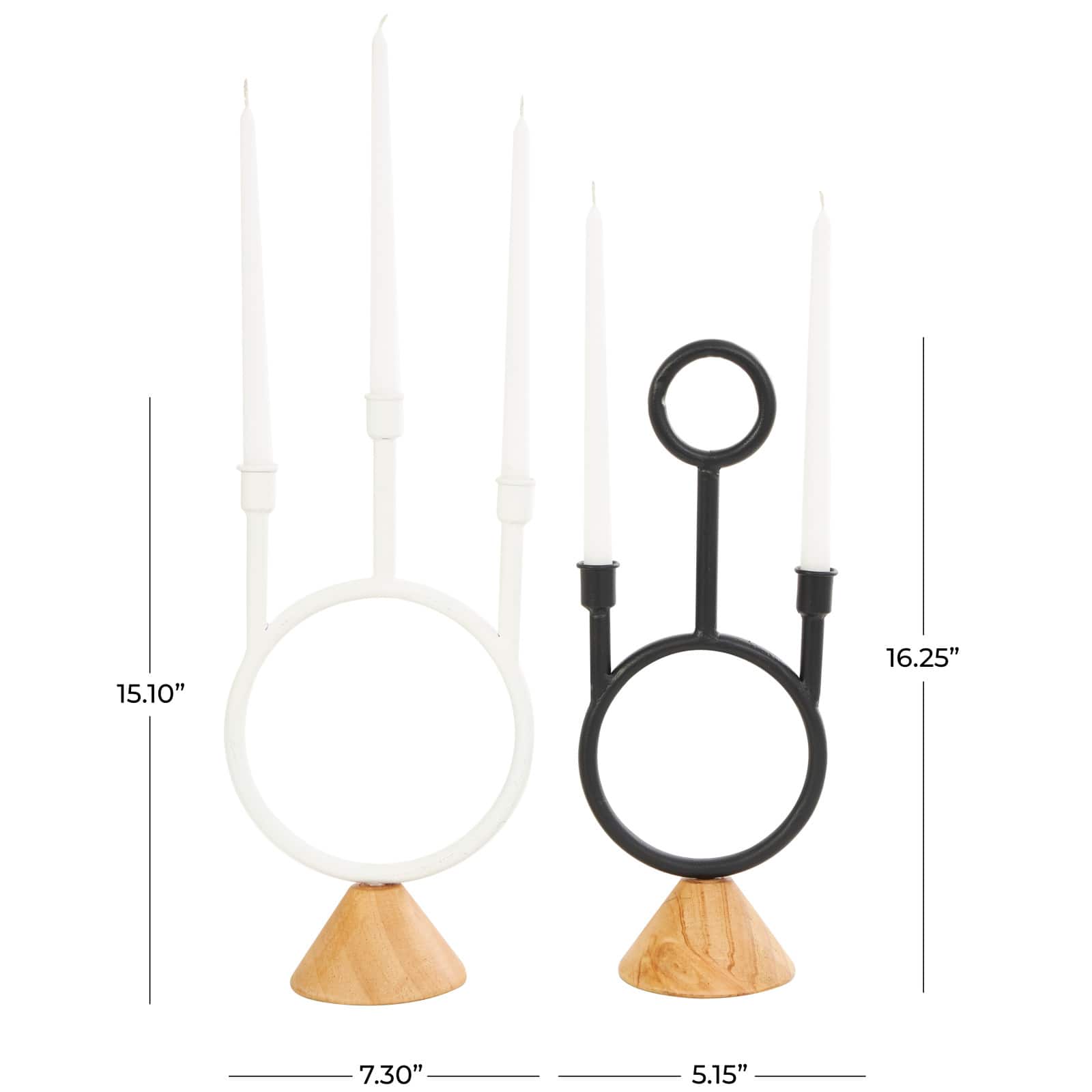 Black & White Metal Abstract Circular Ring Candle Holder with Wooden Cone Bases Set