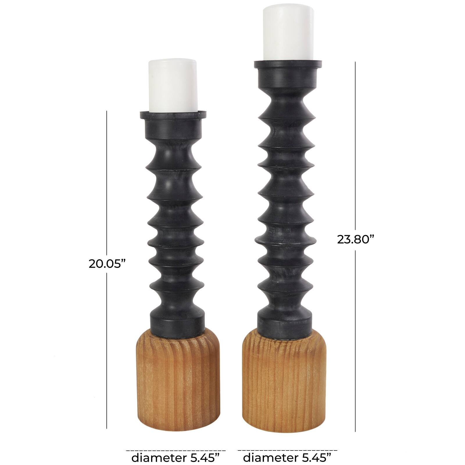 Black Metal Turned Style Pillar Candle Holder with Brown Wood Bases Set