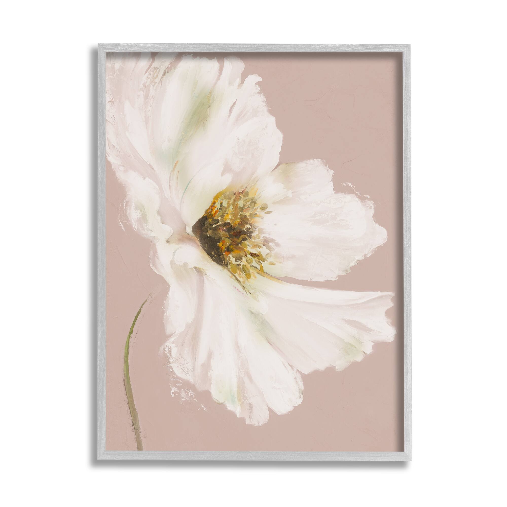 Stupell Industries Abstract White Petal Flower Expressive Flower Beige Green Framed Wall Art