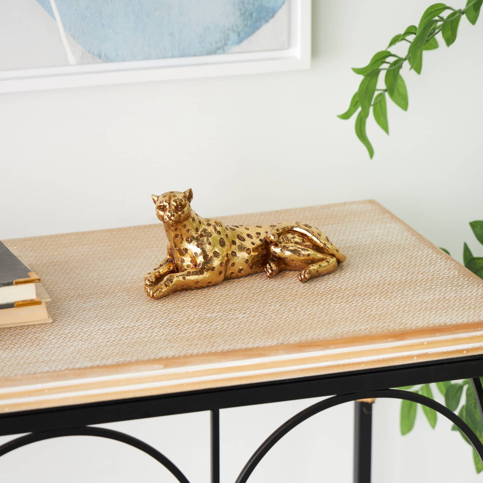 7.75" Gold Resin Laying Leopard Sculpture with Textured Spots