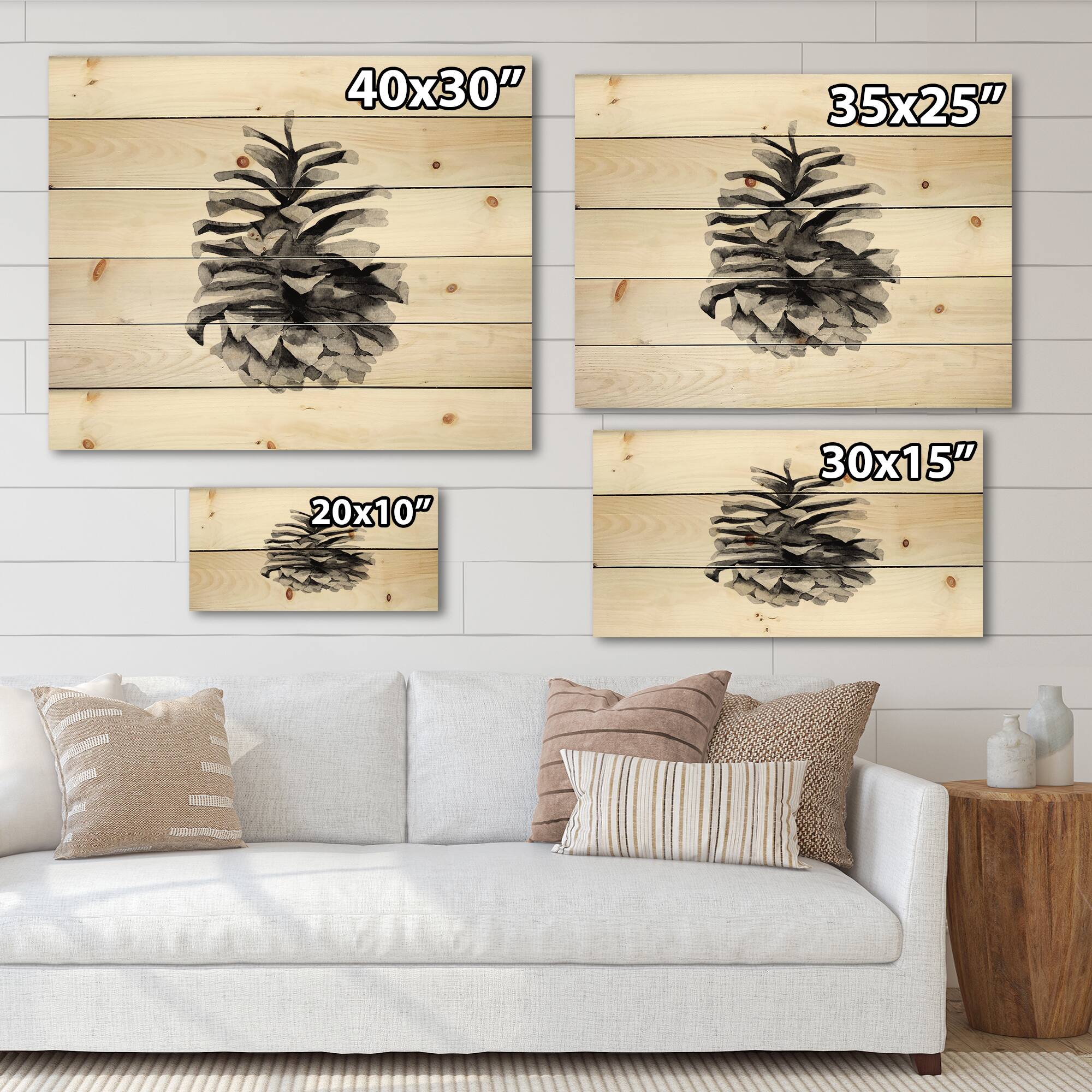 Designart - Conifer Cone Monochrome - Traditional Print on Natural Pine Wood