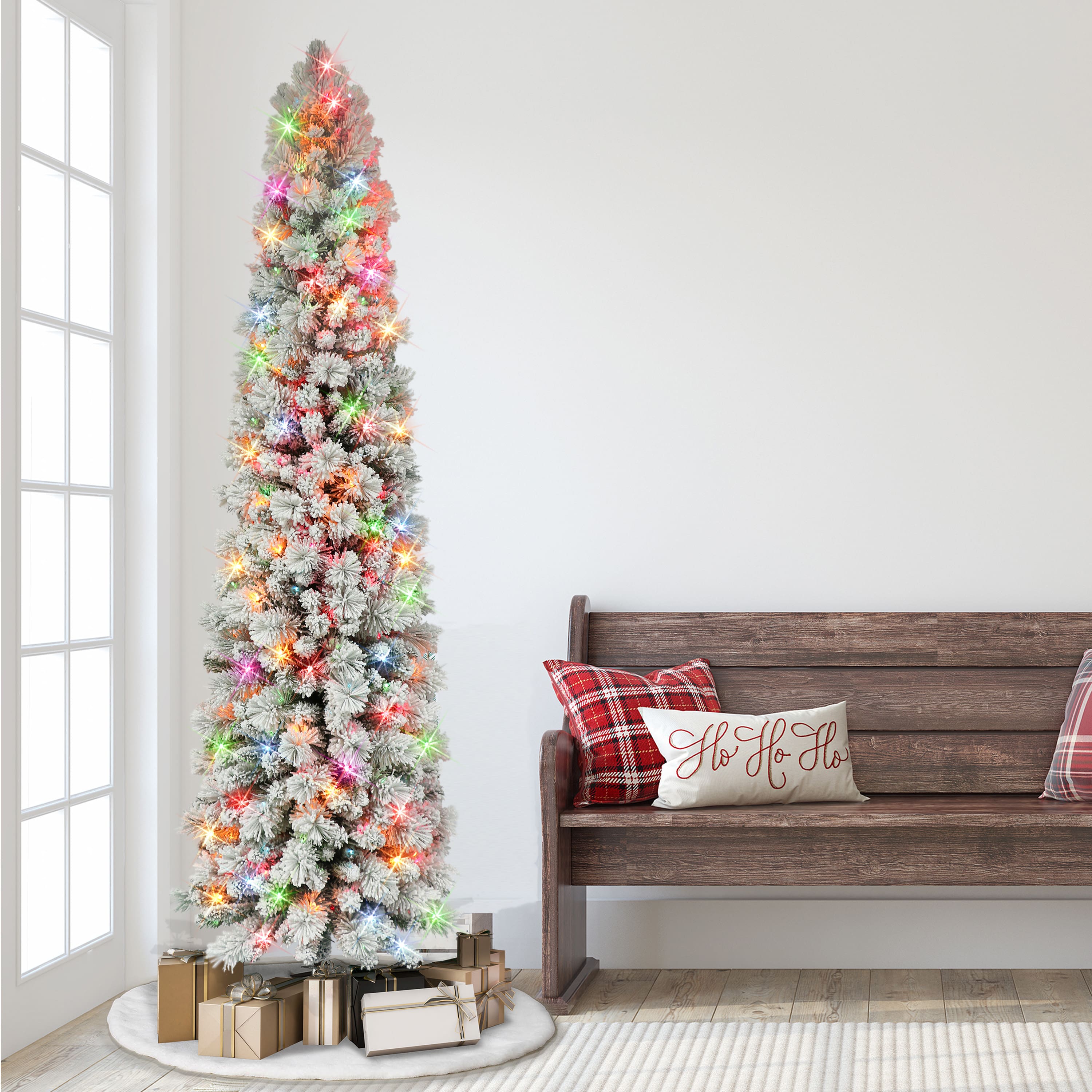 7.5ft. Pre-Lit Flocked Portland Pine Artificial Pencil Tree, Multicolor Lights