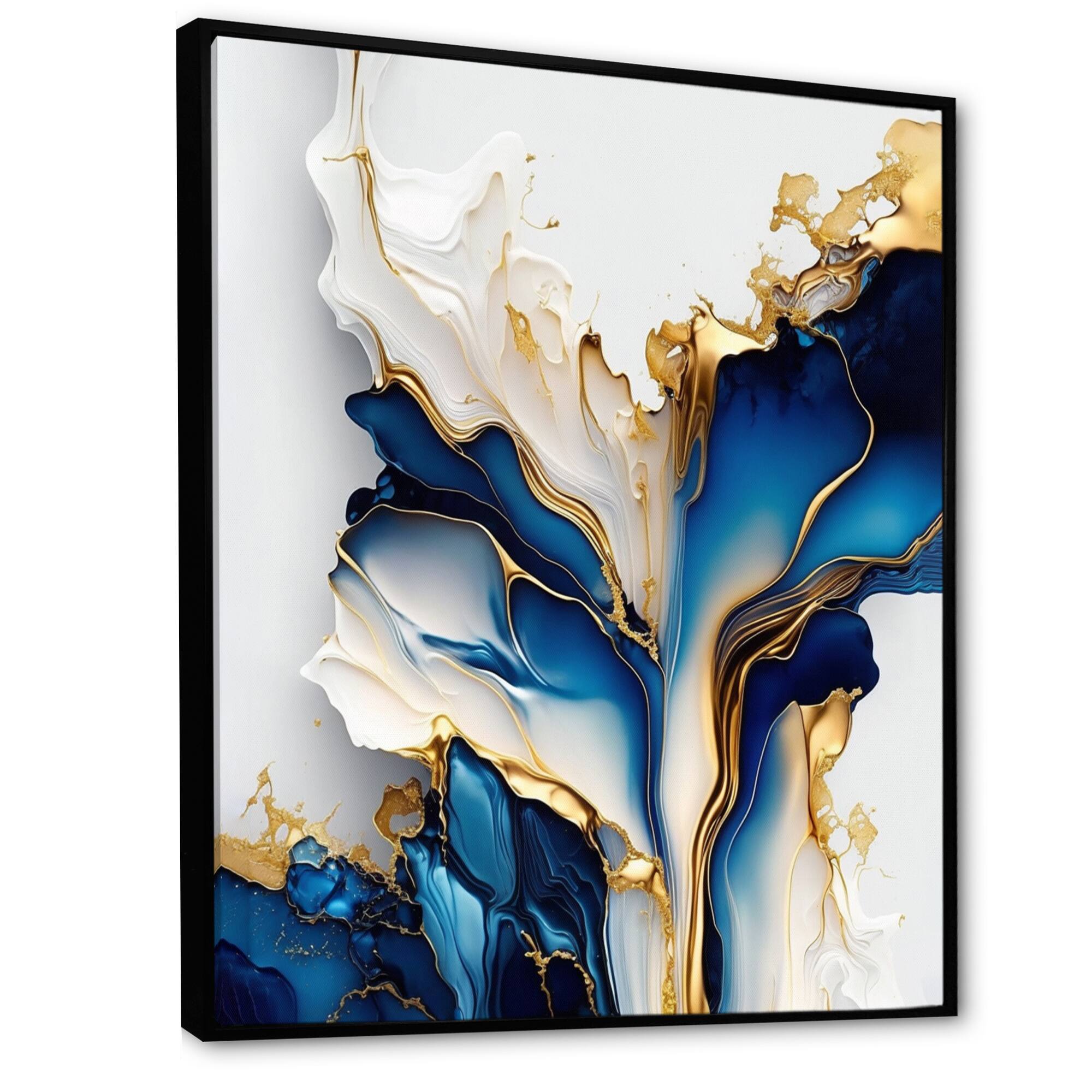 Designart 'Abstract Geode Gold And Blue Marble Shape III' Animals Framed Canvas Wall Art