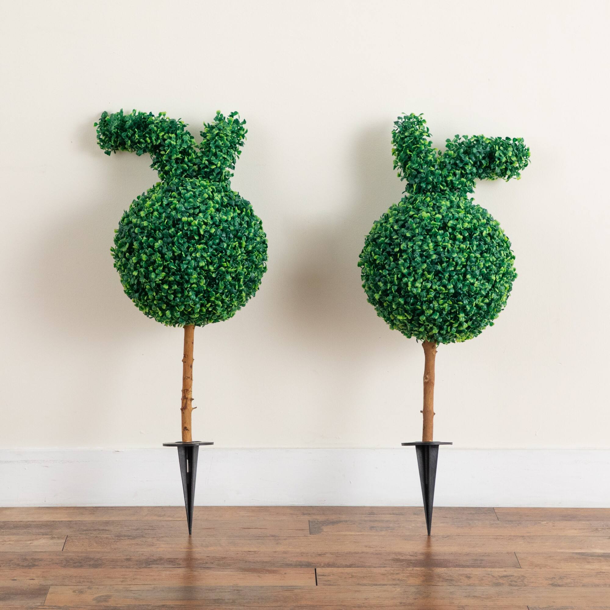 2ft. UV Resistant Artificial Easter Bunny Boxwood Topiary with Integrated Ground Stake (Indoor/Outdoor) - Set of 2