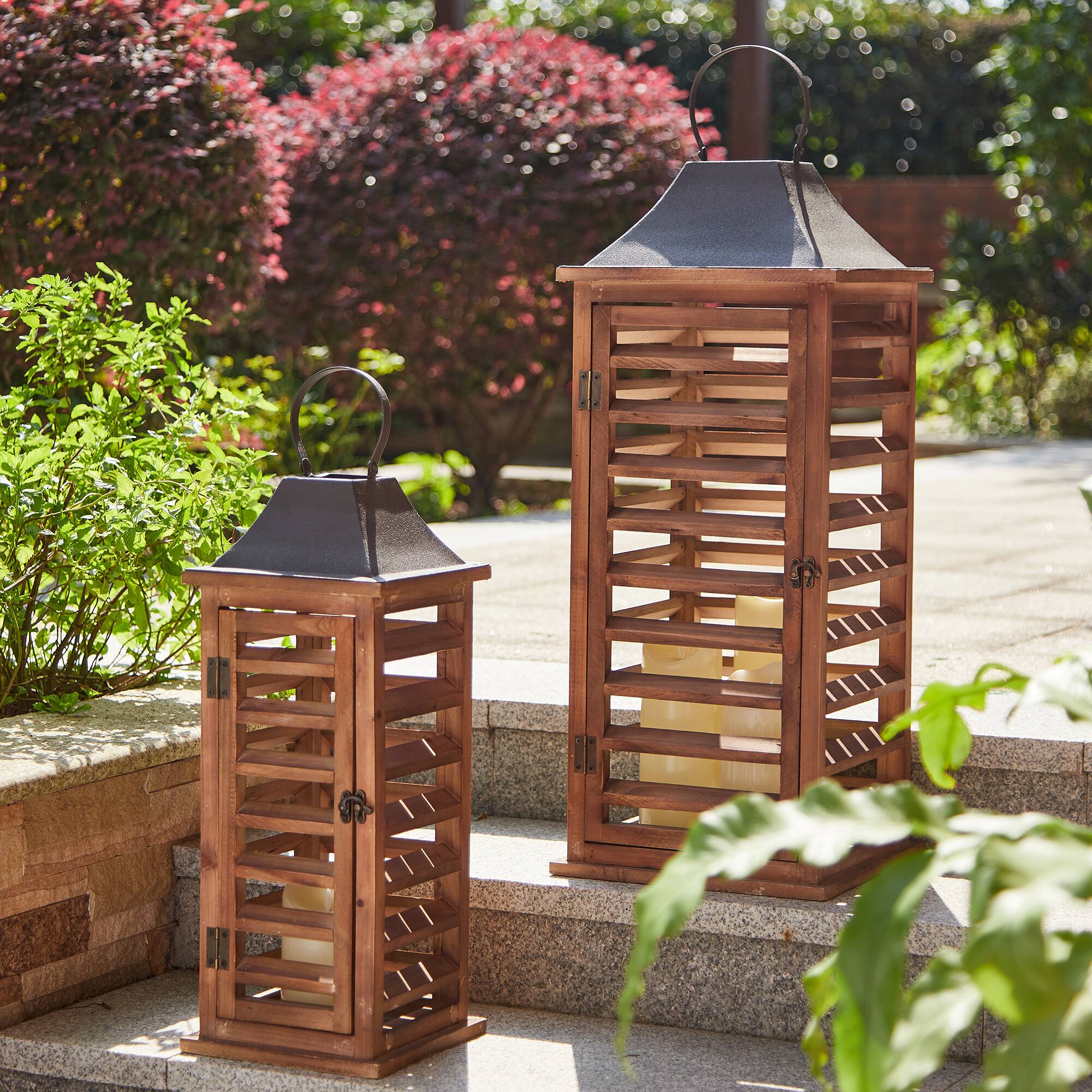 Modern Farmhouse Wooden Shutter Lantern Set, 25.5" & 19"