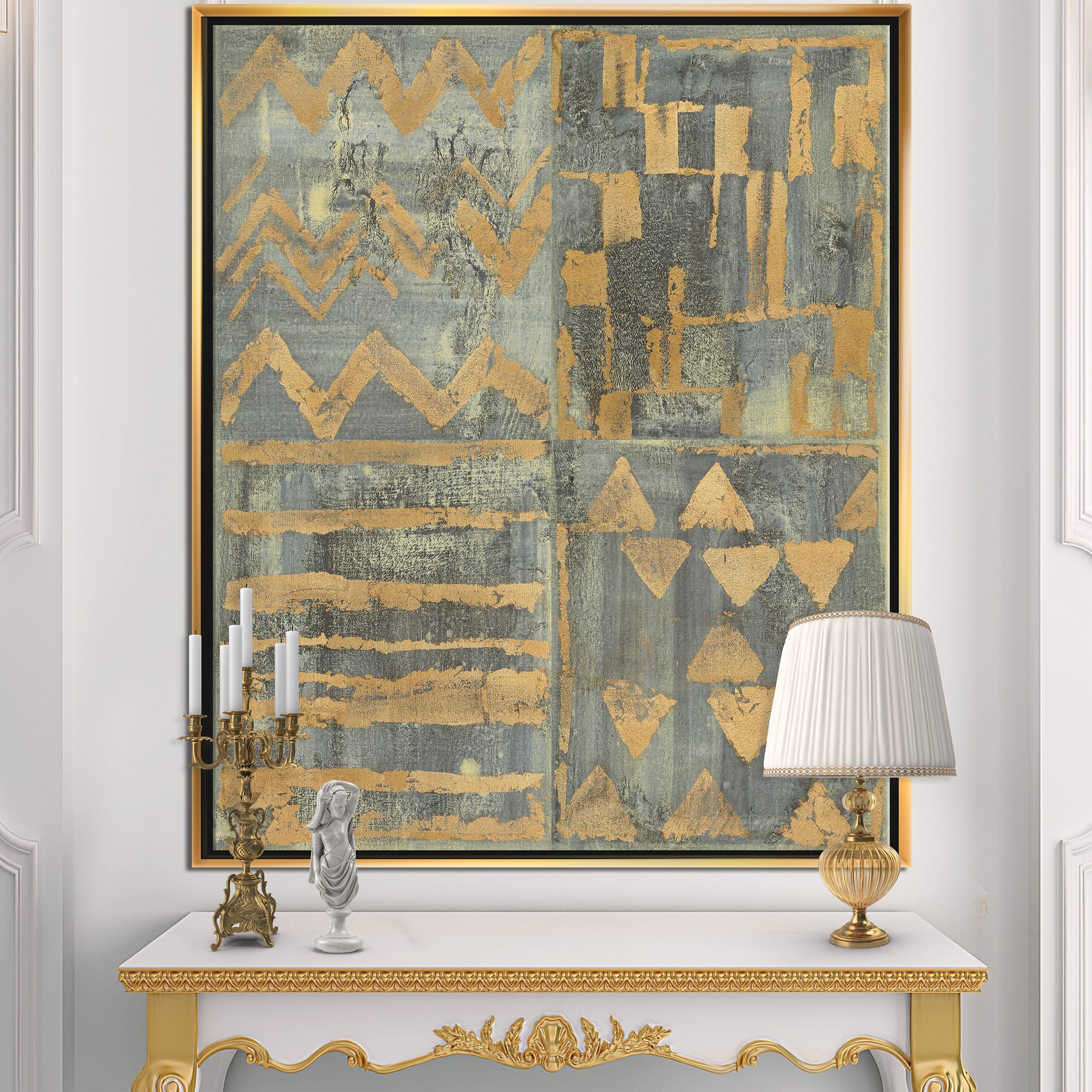 Designart - Gold Geometric Tapestry III - Modern & Transitional Canvas in Gold Frame
