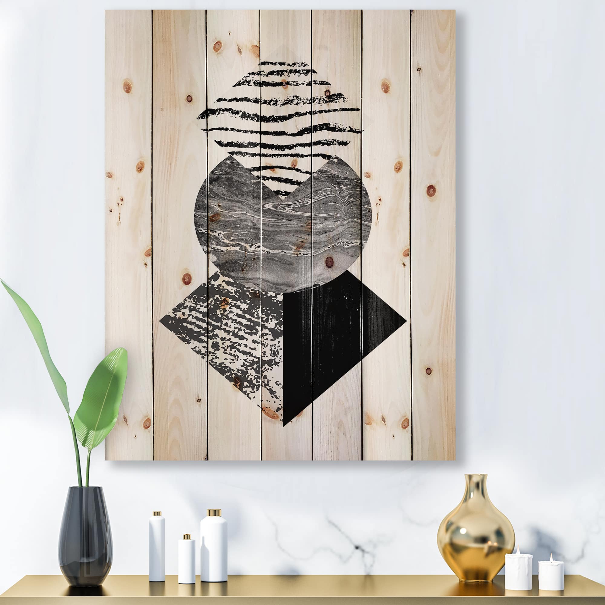 Designart - Tropical Palm Leaf With Abstract Geometry Shapes I - Modern Print on Natural Pine Wood