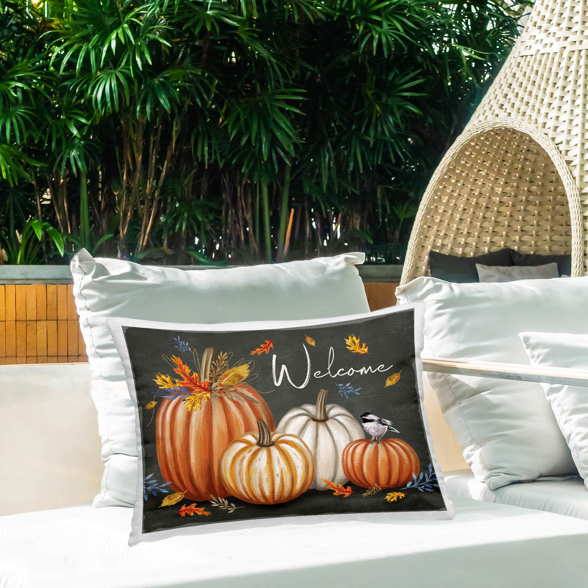 Stupell Industries Welcome with Autumnal Pumpkins Outdoor Printed Pillow