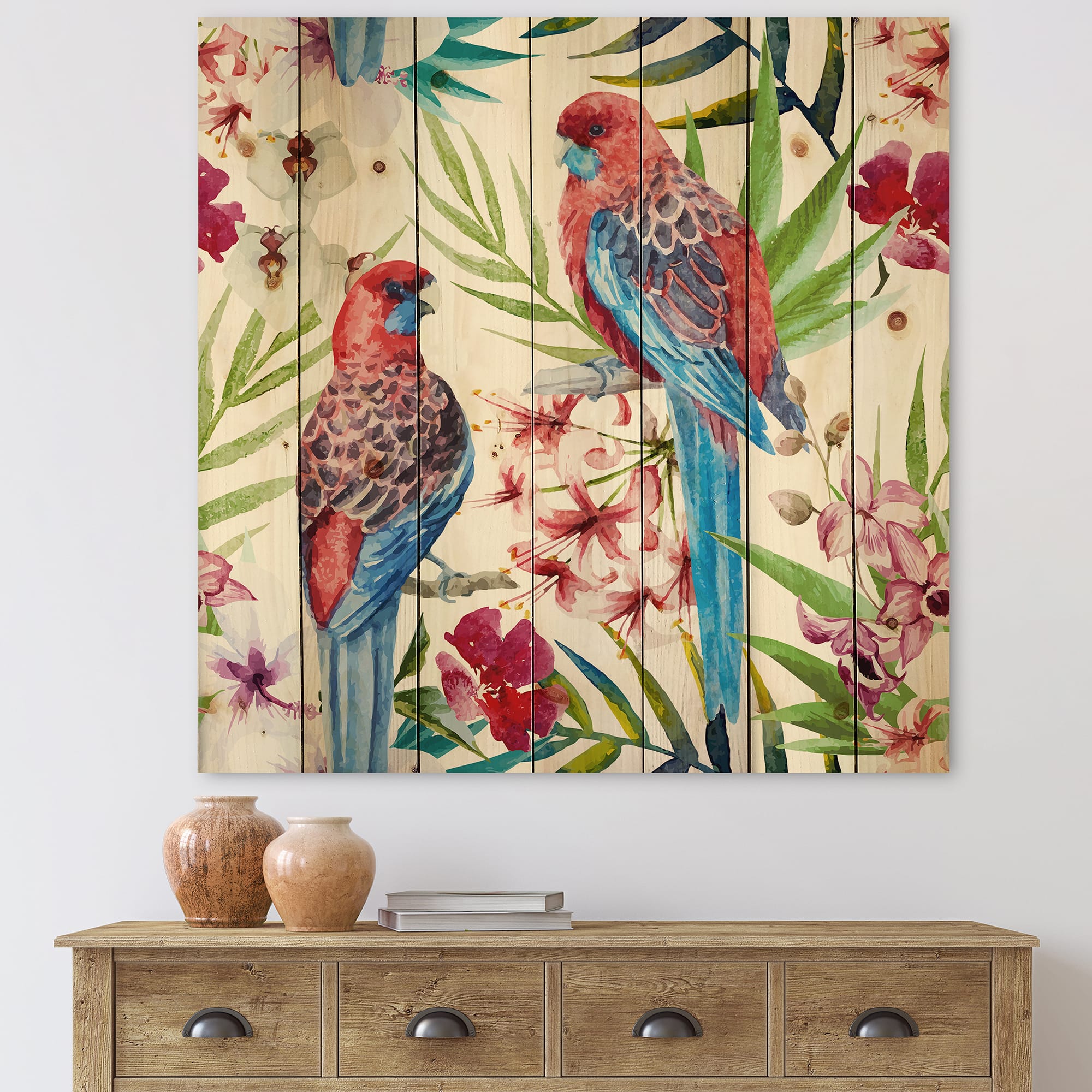 Designart - Rosella Bird - Traditional Print on Natural Pine Wood