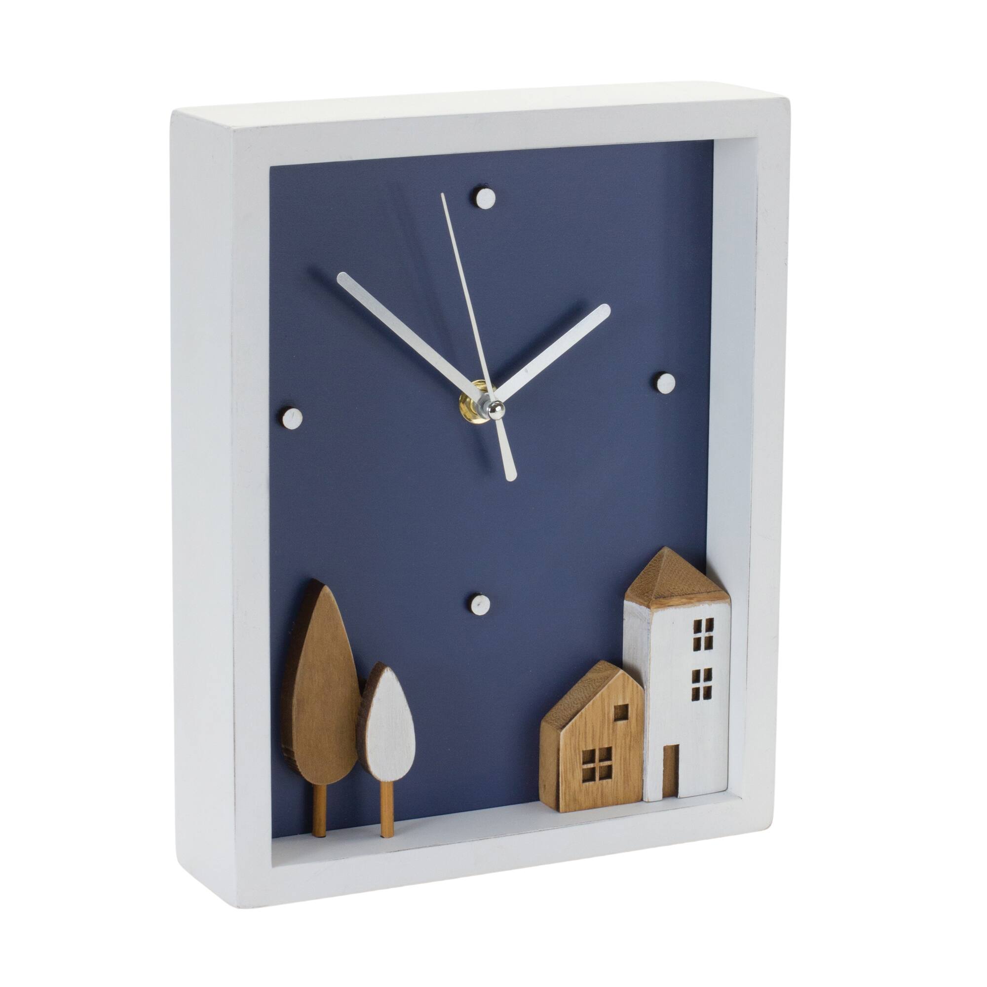 9.5" White & Blue Wood Tabletop Clock, 1pc.