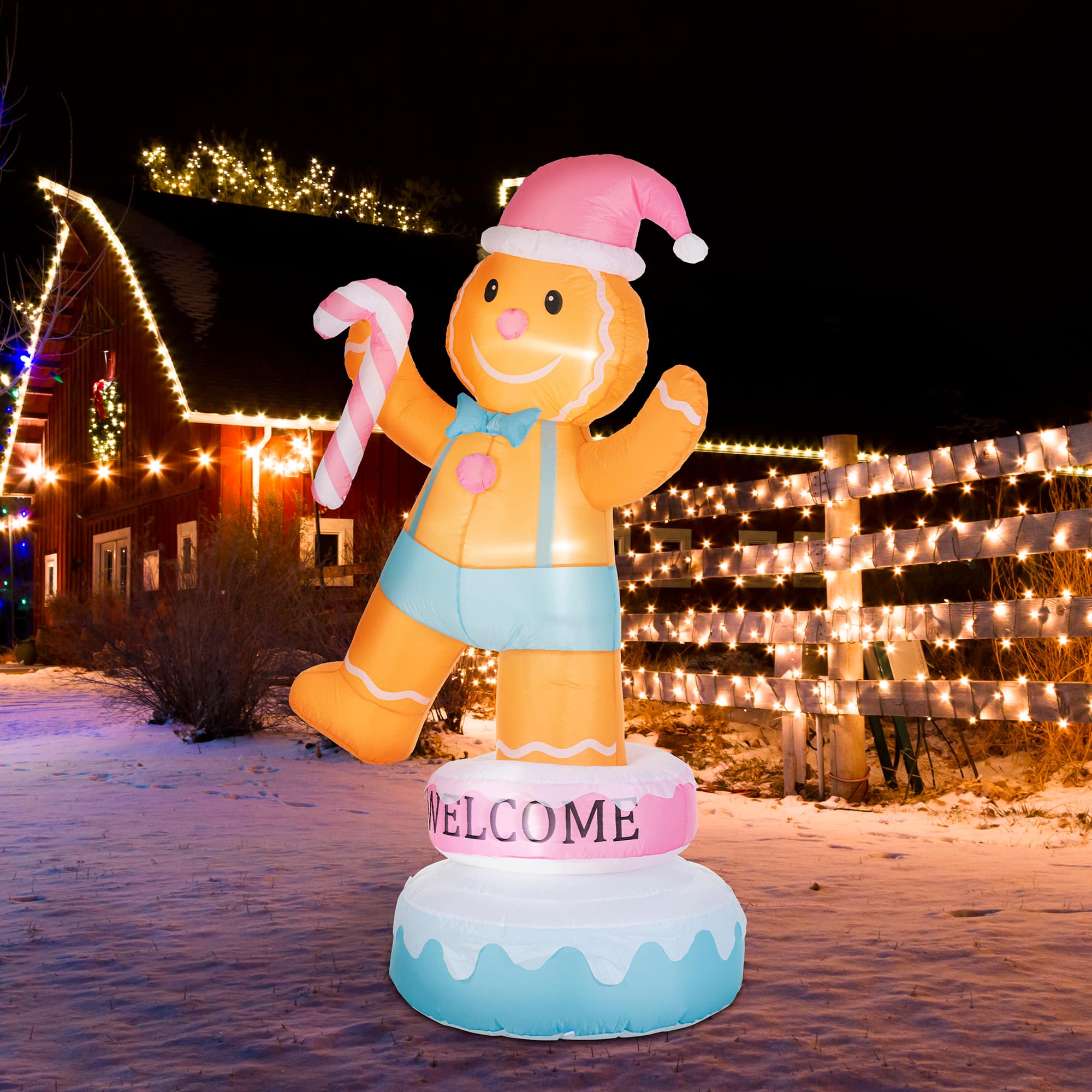 Glitzhome® 6FT Lighted Macaron Inflatable Rotating Gingerbread Man Decor