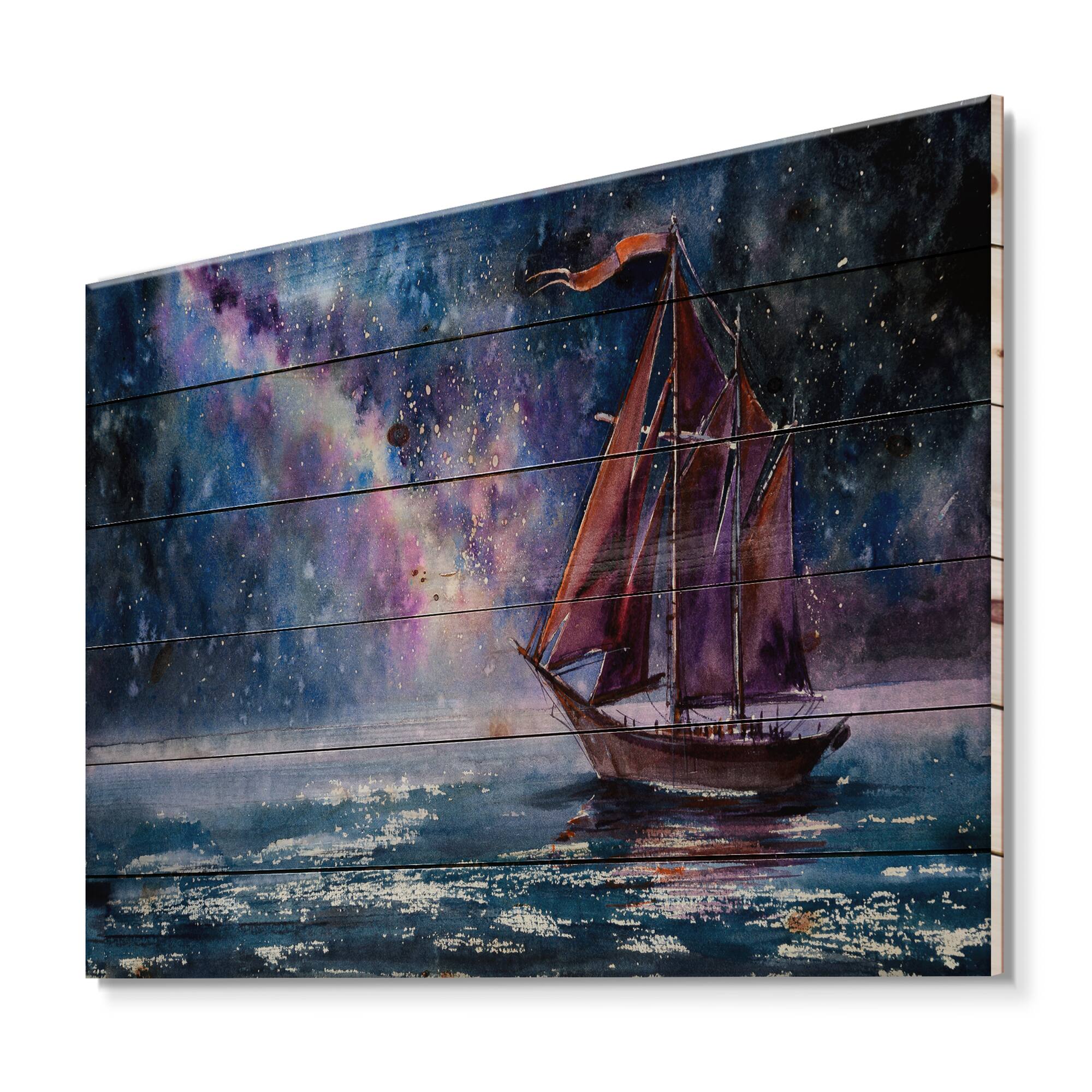 Designart - Wooden Sailboat With Red Sails & Bright Night Sky - Nautical & Coastal Print on Natural Pine Wood
