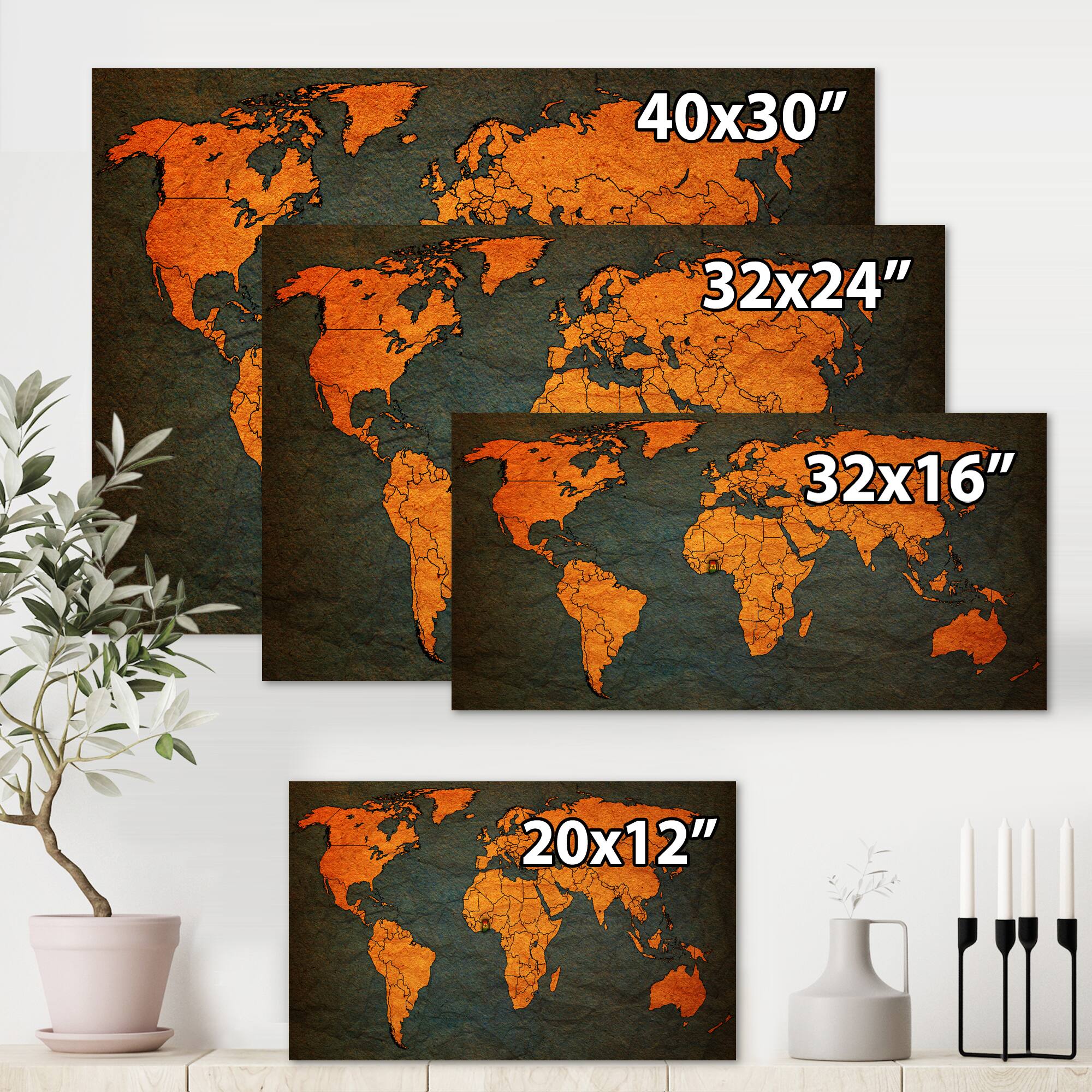 Designart - Ancient Map of The World Africa - Vintage Canvas Wall Art Print