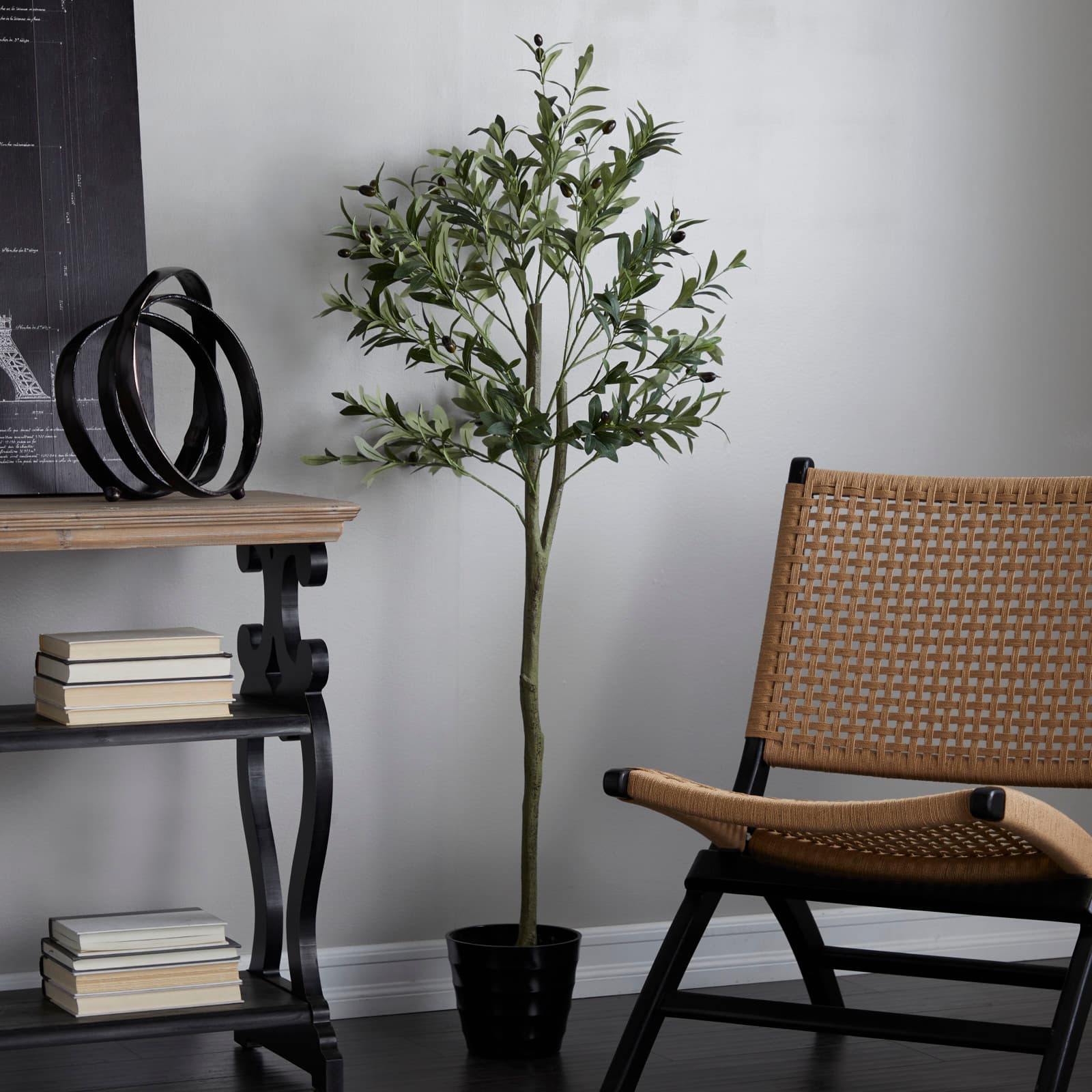 59" Green Plastic Olive Artificial Tree With Black Melamine Pot