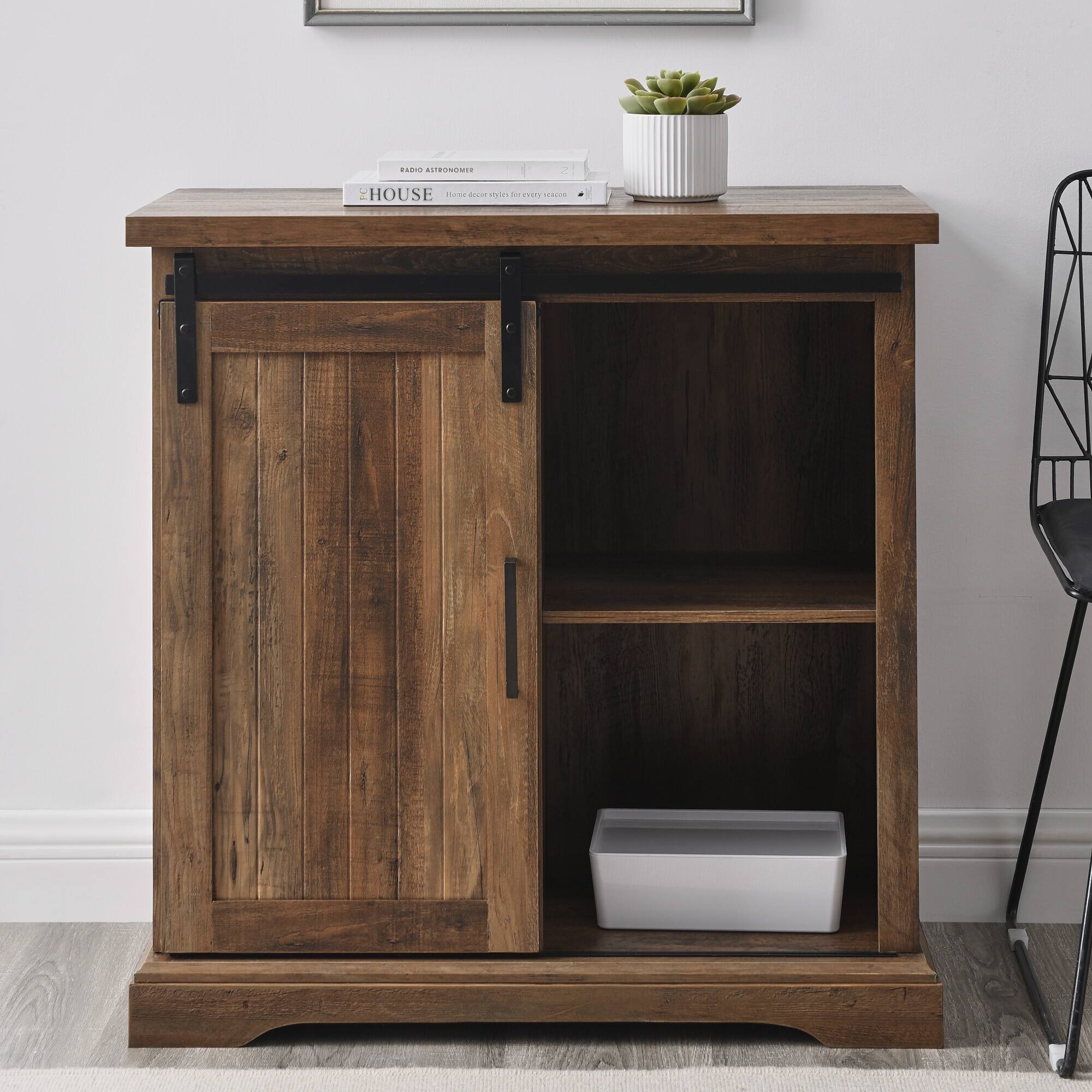 Walker Edison 32" Reclaimed Barnwood Sliding Grooved Door Modern Accent Cabinet
