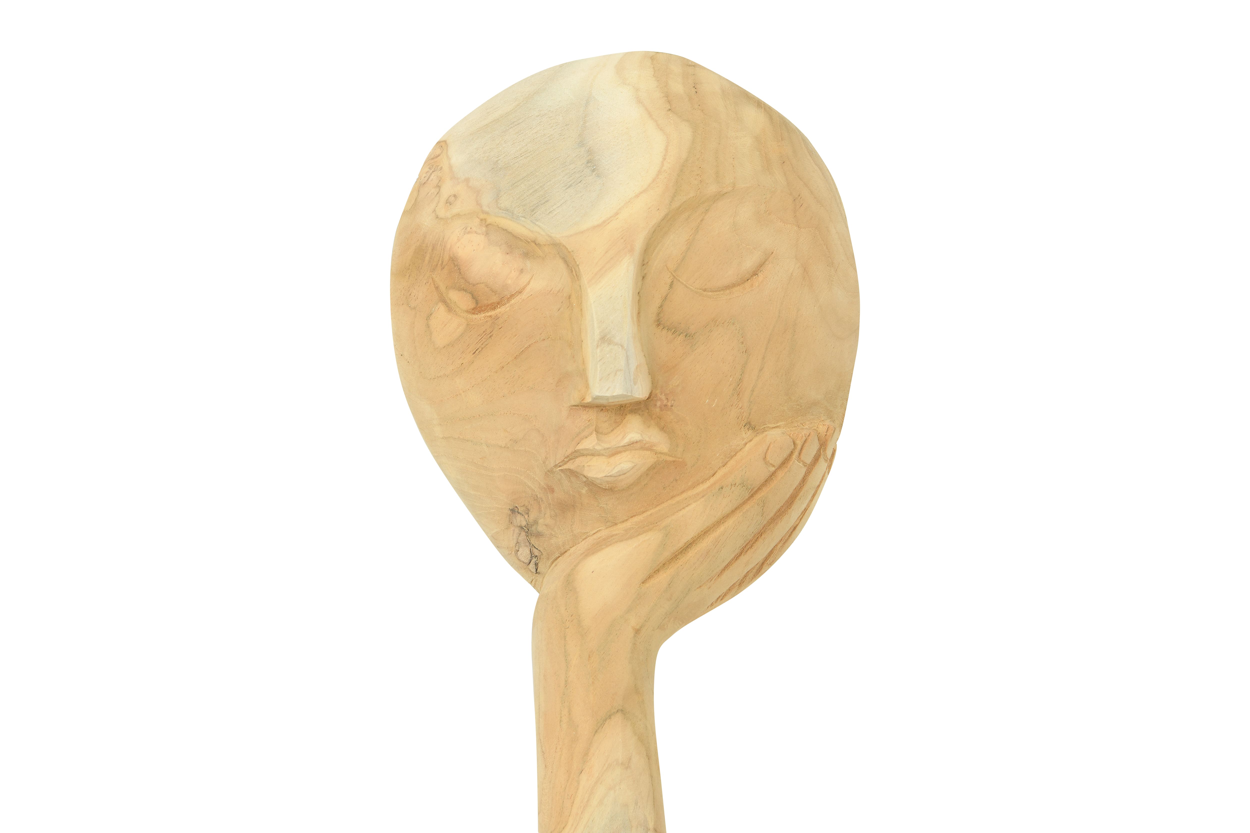 Hello Honey® 14" Hand-Carved Teak Wood Face Resting on Hand Figurine