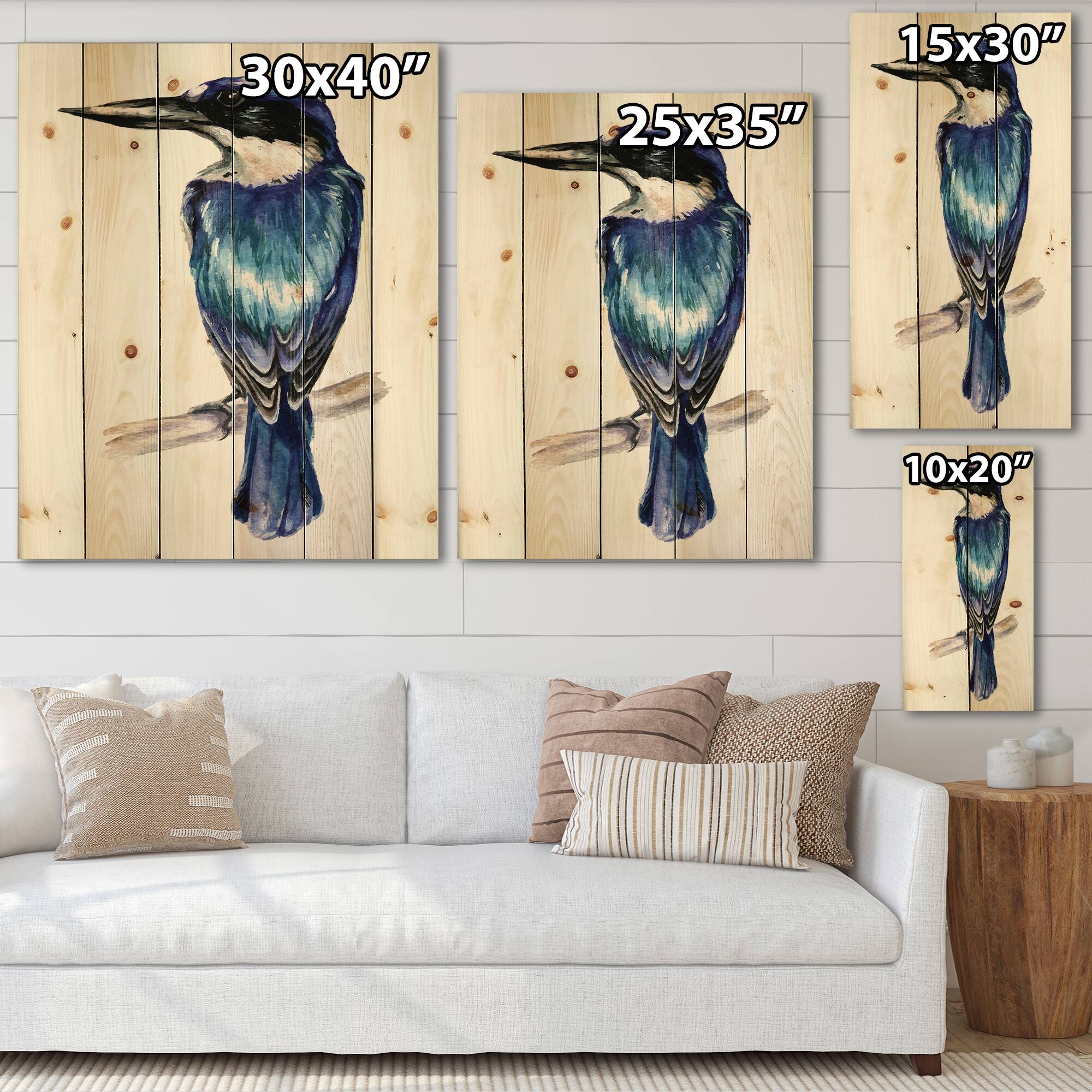 Designart - Style Kingfisher Bird - Traditional Print on Natural Pine Wood