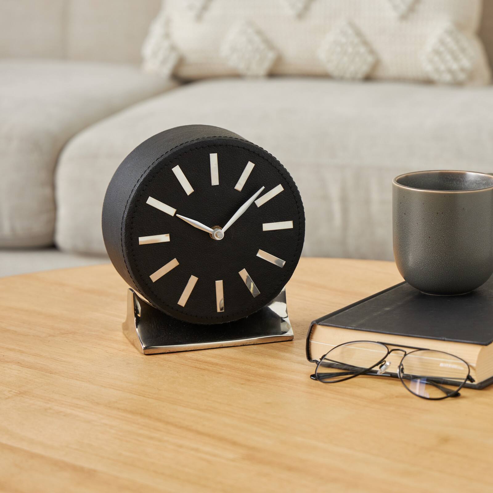 Faux Leather Round Decorative Clock with Rectangular Base