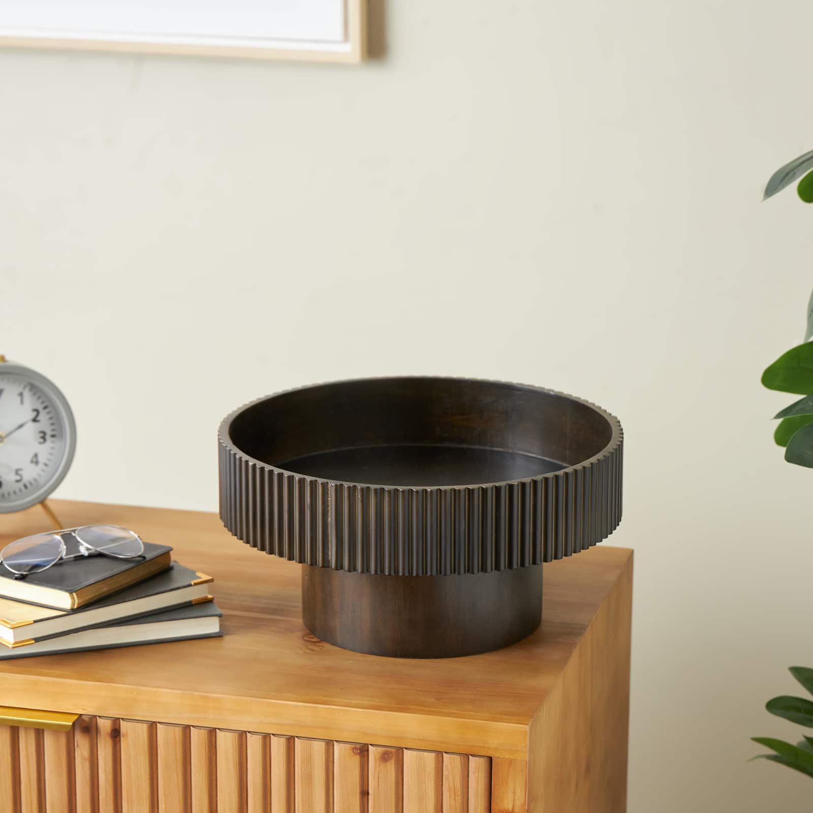 14" Wood Ribbed Decorative Bowl with Elevated Base