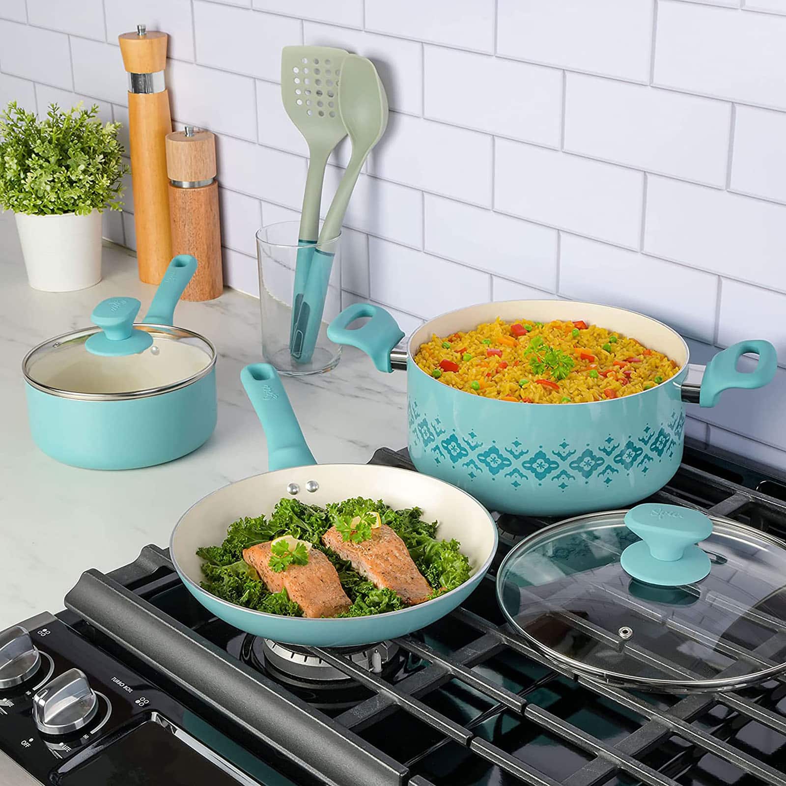 Spice by Tia Mowry Savory Saffron Light Blue 7 Piece Ceramic Nonstick Aluminum Cookware Set with Nylon Utensils