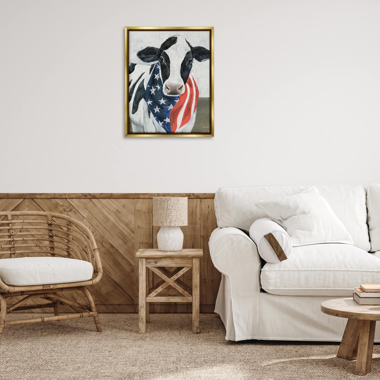 Stupell Industries Farm Cow American Flag Animal Floater Framed Art